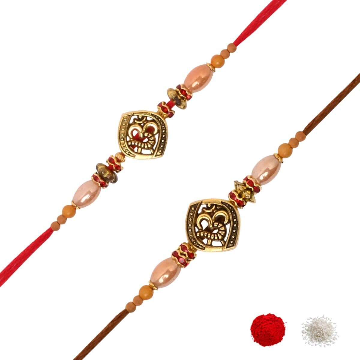 I Jewels Om Design Rakhi With Roli Chawal & Rakshabandhan Card For Bro/Brother/Bhai (R375Re-Br) (Pack Of 2)