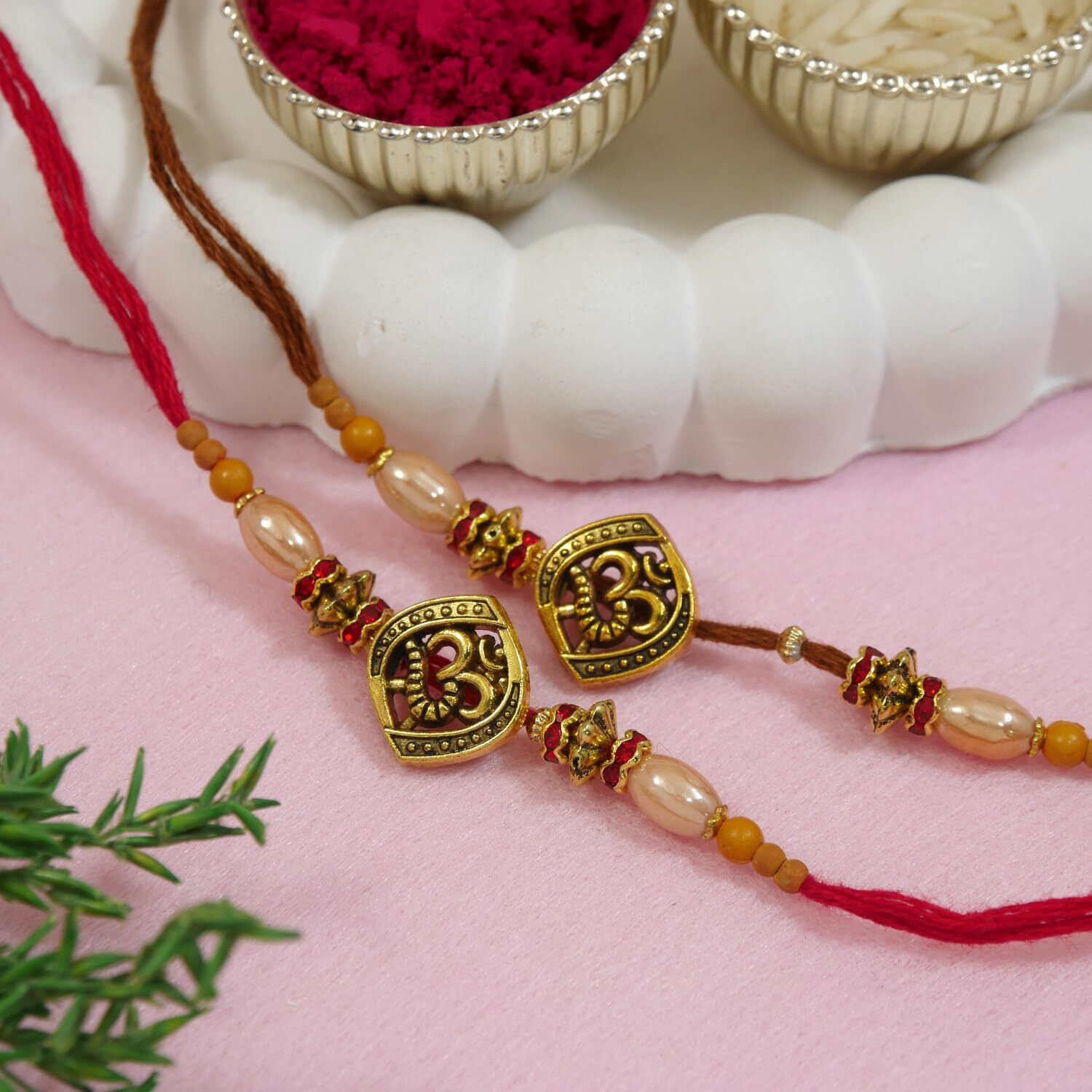 I Jewels Om Design Rakhi With Roli Chawal & Rakshabandhan Card For Bro/Brother/Bhai (R375Re-Br) (Pack Of 2)
