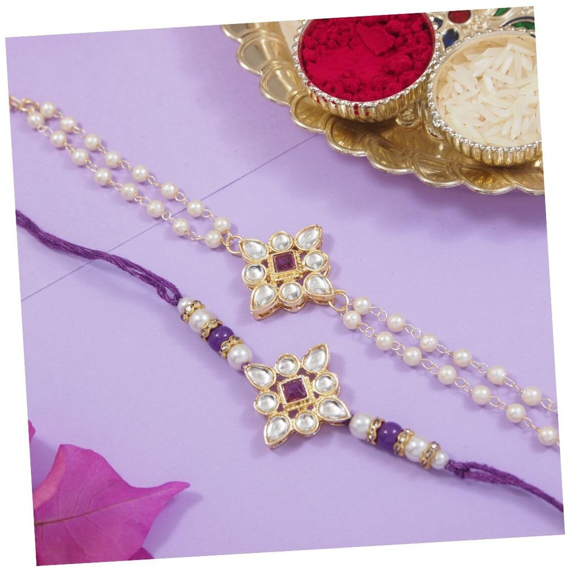 I Jewels Unisex Adult Kundan & Pearl Bhaiya Bhabhi Lumba Rakhi Bracelet Combo Set With Roli Chawal & Rakshabandhan Greeting Card (R151-Co)