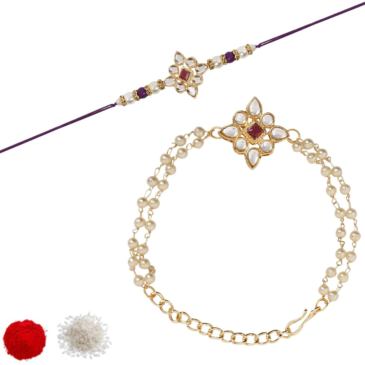 I Jewels Unisex Adult Kundan & Pearl Bhaiya Bhabhi Lumba Rakhi Bracelet Combo Set With Roli Chawal & Rakshabandhan Greeting Card (R151-Co)