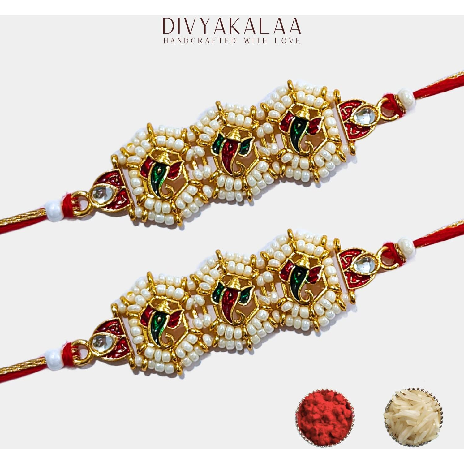 Divyakalaa Mens Handcrafted Beaded Bracelet Rakhi With Roli Chawal And Raksha Bandhan Greeting Card (Ganesha) || Religious Rakhi Combo For Brother || Rakhi Rakhi Set Of 2 Beaded Bracelet Rakhi