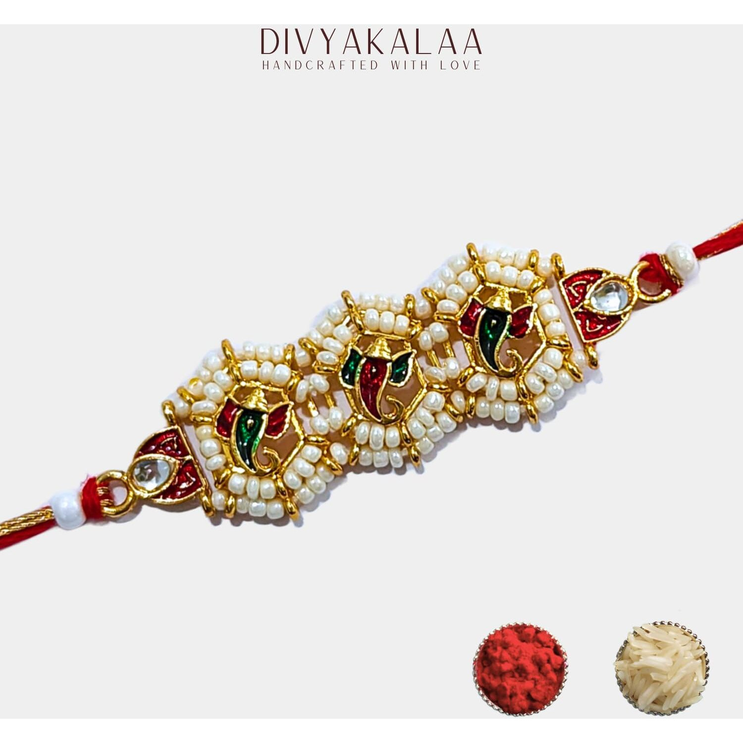 Divyakalaa Mens Handcrafted Beaded Bracelet Rakhi With Roli Chawal And Raksha Bandhan Greeting Card (Ganesha) || Religious Rakhi Combo For Brother || Rakhi Rakhi Set Of 2 Beaded Bracelet Rakhi