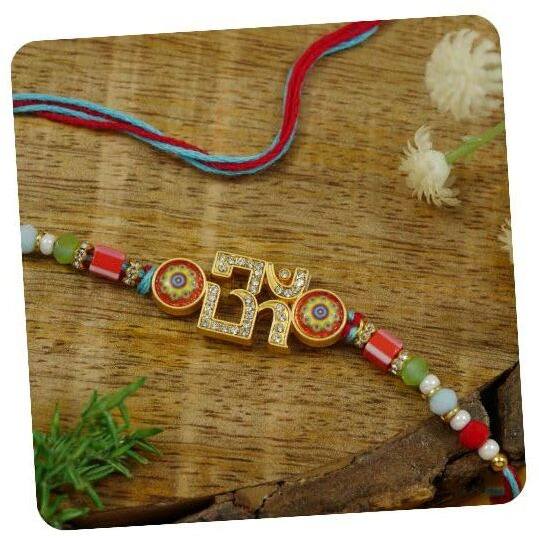 I Jewels Enamel Om Rakhi With Roli Chawal & Rakshabandhan Card For Bro/Brother/Bhai (R361)