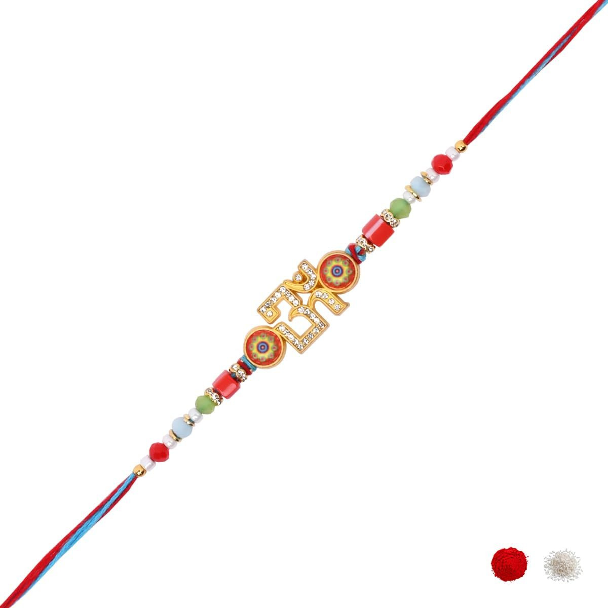 I Jewels Enamel Om Rakhi With Roli Chawal & Rakshabandhan Card For Bro/Brother/Bhai (R361)