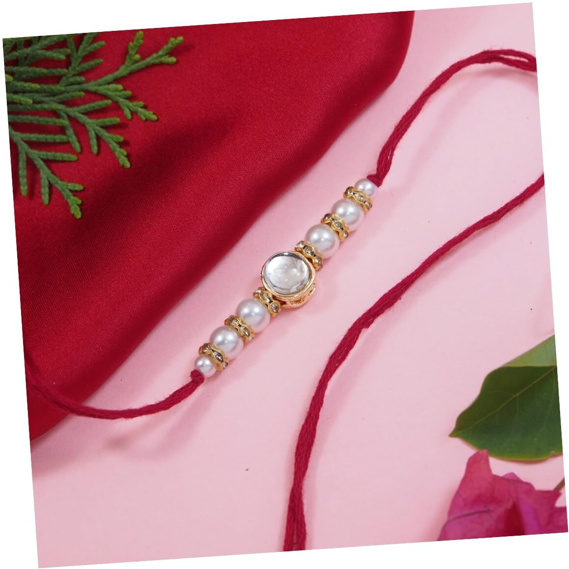 I Jewels Kundan & Pearl Rakhi With Roli Chawal & Rakshabandhan Card For Brother/Bro/Bhai/Men (R150Re)