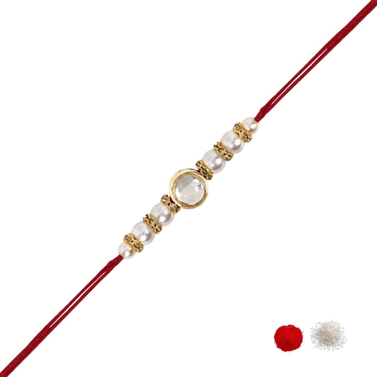 I Jewels Kundan & Pearl Rakhi With Roli Chawal & Rakshabandhan Card For Brother/Bro/Bhai/Men (R150Re)