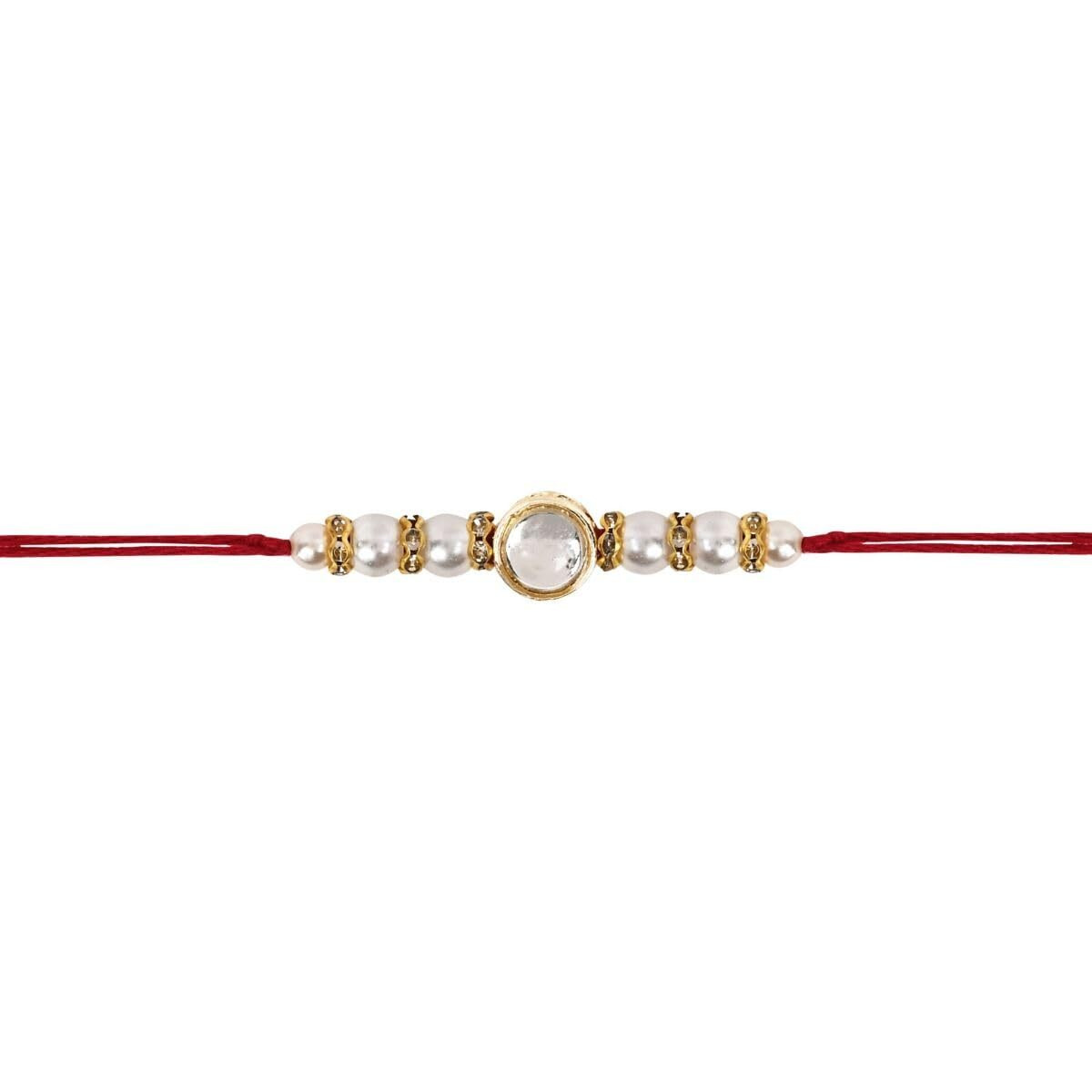 I Jewels Kundan & Pearl Rakhi With Roli Chawal & Rakshabandhan Card For Brother/Bro/Bhai/Men (R150Re)