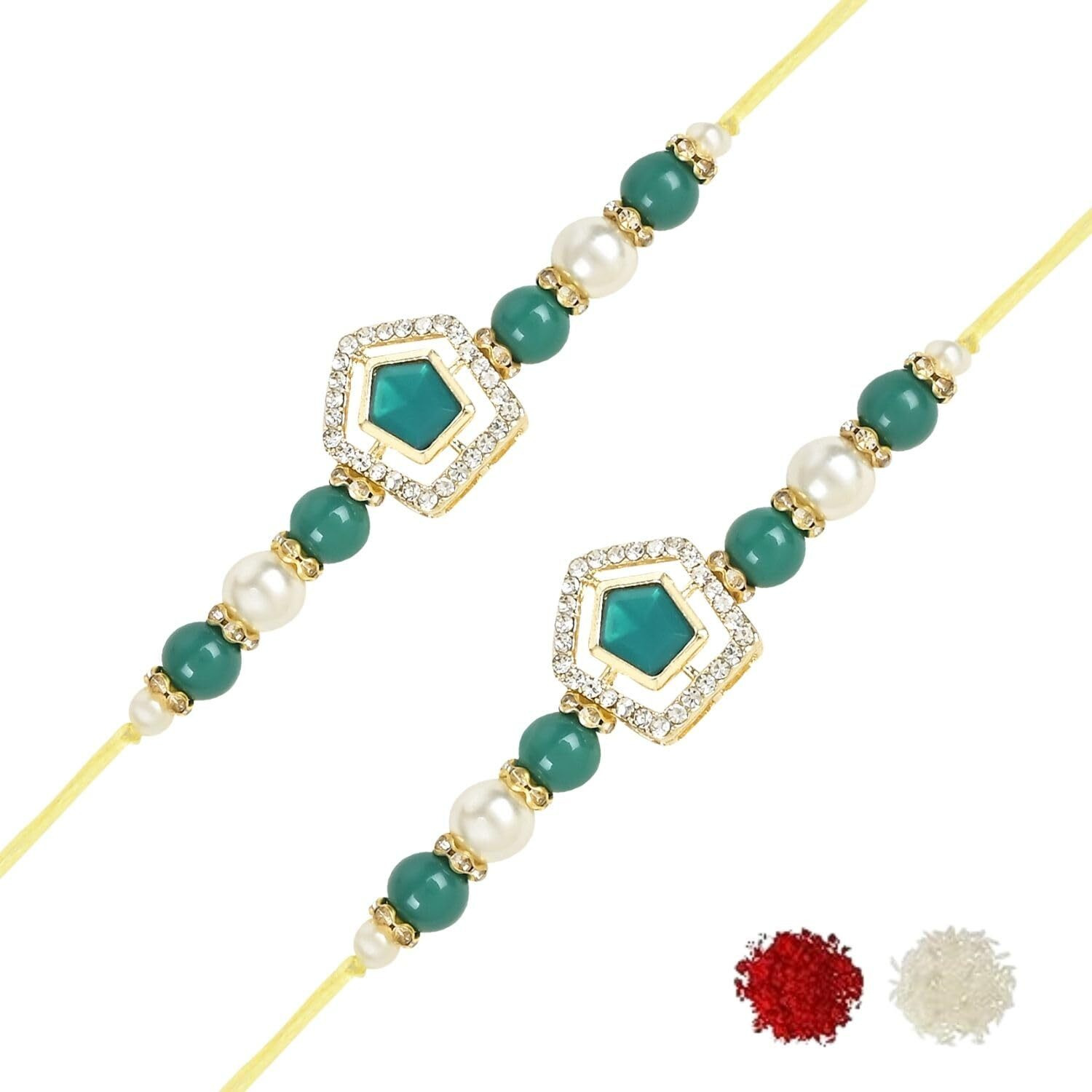 I Jewels Pearl & Kundan Designer Bhaiya Rakhi With Roli Chawal For Brother/Bro/Men With Rakshabandhan Card (R119G-2) (Pack Of 2)