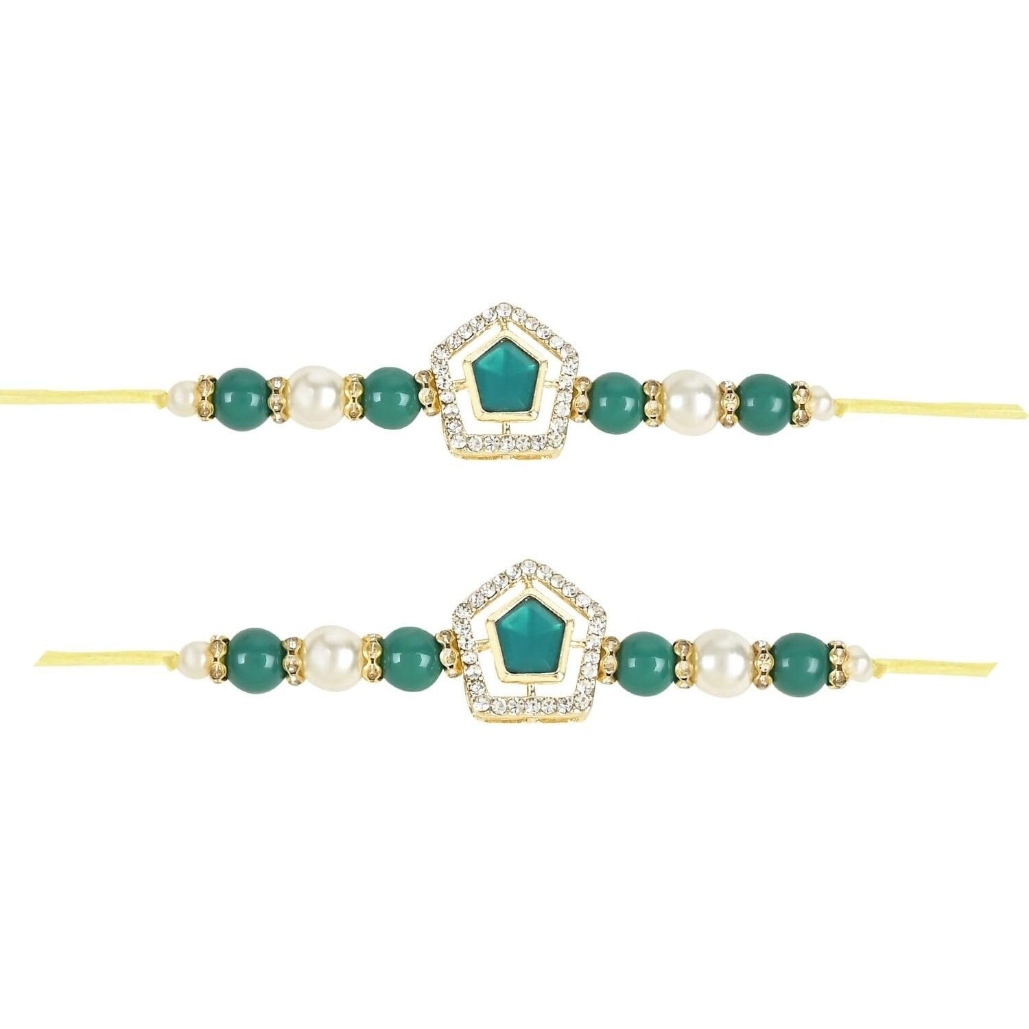 I Jewels Pearl & Kundan Designer Bhaiya Rakhi With Roli Chawal For Brother/Bro/Men With Rakshabandhan Card (R119G-2) (Pack Of 2)