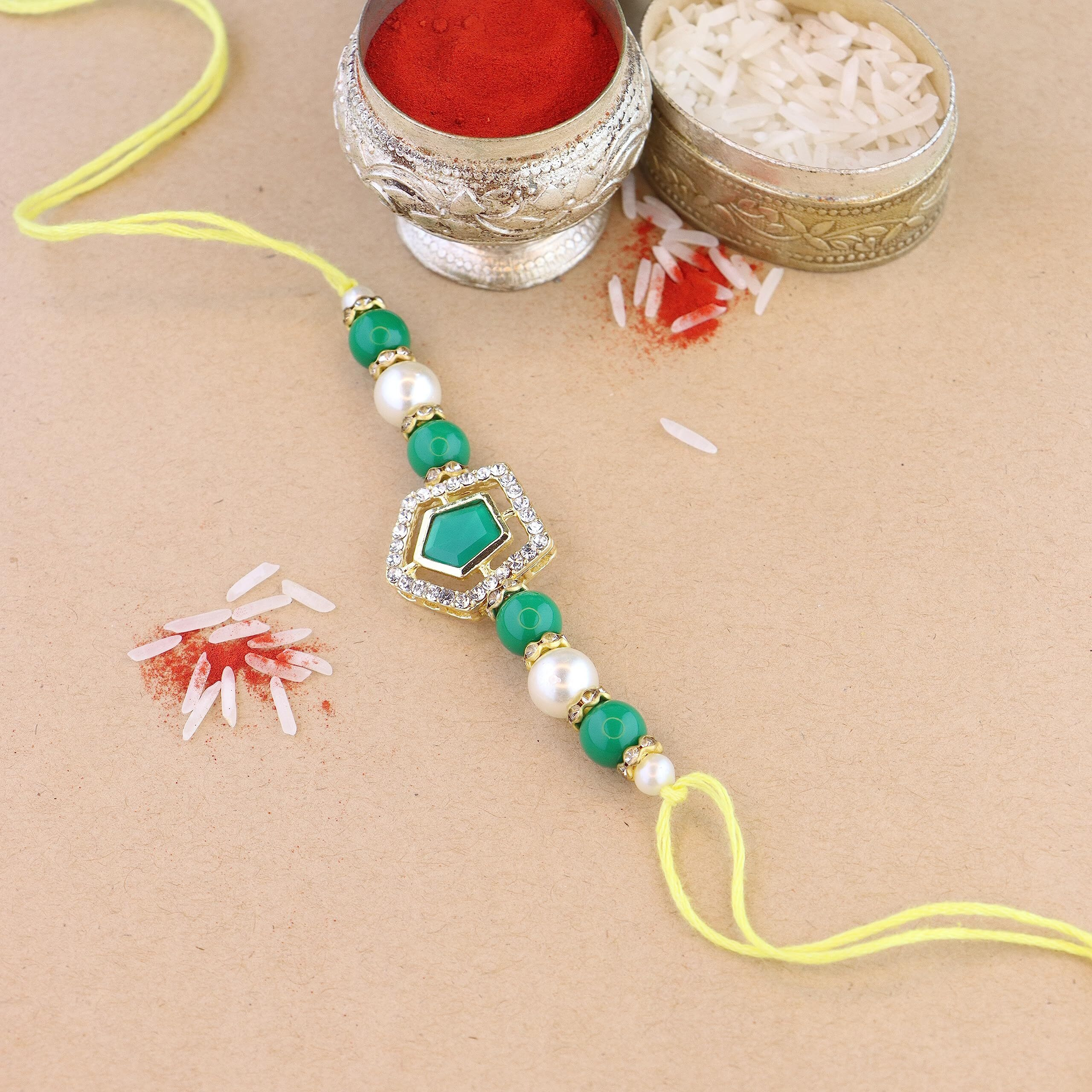 I Jewels Pearl & Kundan Designer Bhaiya Rakhi With Roli Chawal For Brother/Bro/Men With Rakshabandhan Card (R119G-2) (Pack Of 2)