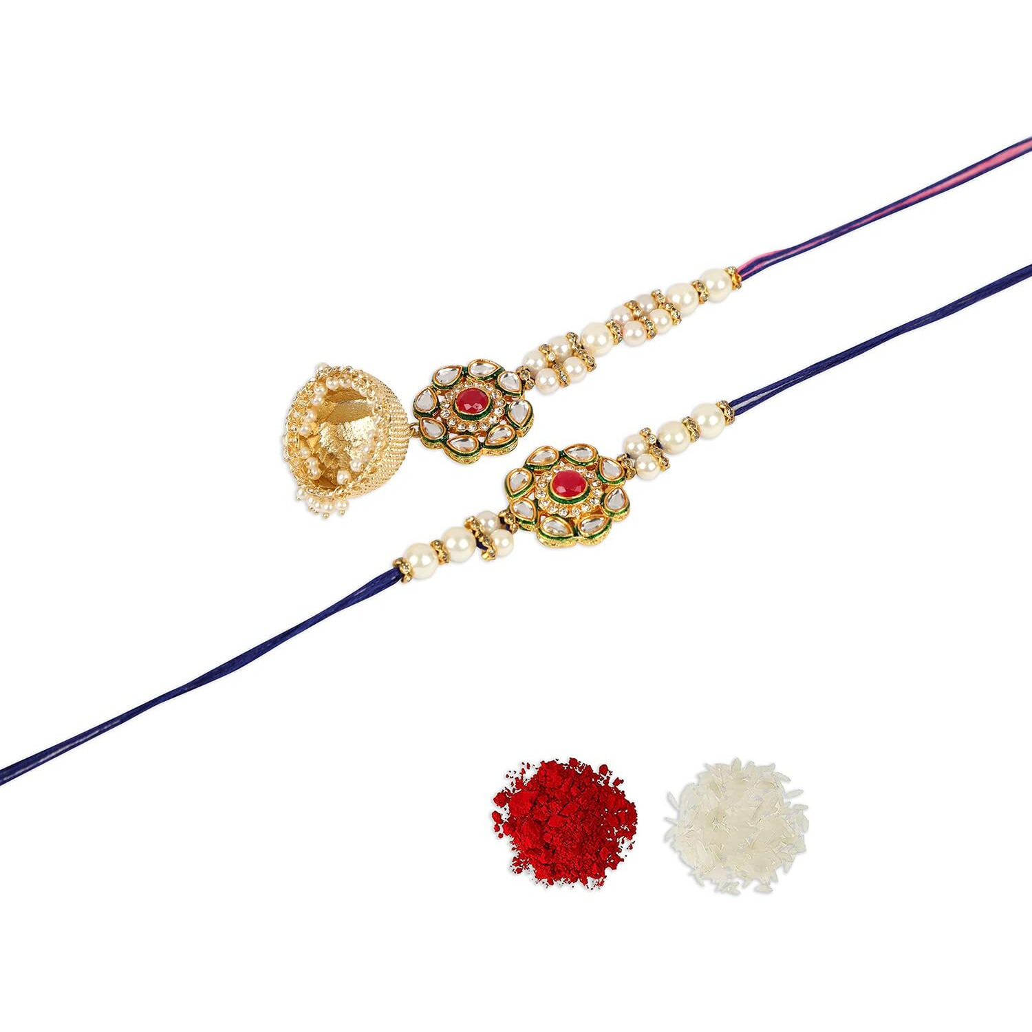 Accessher Mens Gold Plated Bhaiyya Bhabhi Pink Enamel Kundan Lumba Rakhi For Beloved Brother Set Of 2 With Roli/Kumkum Packets, Rice And Happy Raksha Bandhan Card