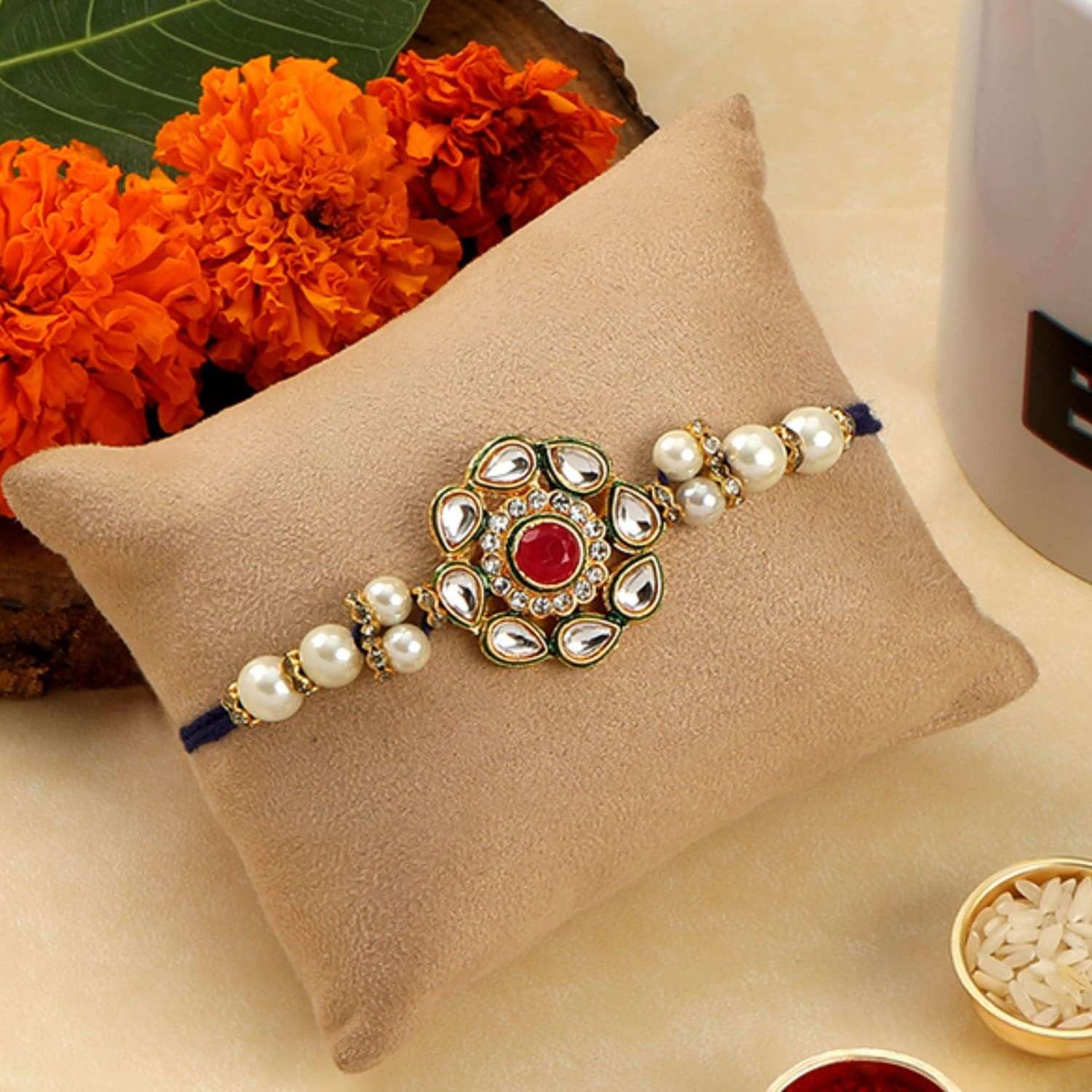 Accessher Mens Gold Plated Bhaiyya Bhabhi Pink Enamel Kundan Lumba Rakhi For Beloved Brother Set Of 2 With Roli/Kumkum Packets, Rice And Happy Raksha Bandhan Card