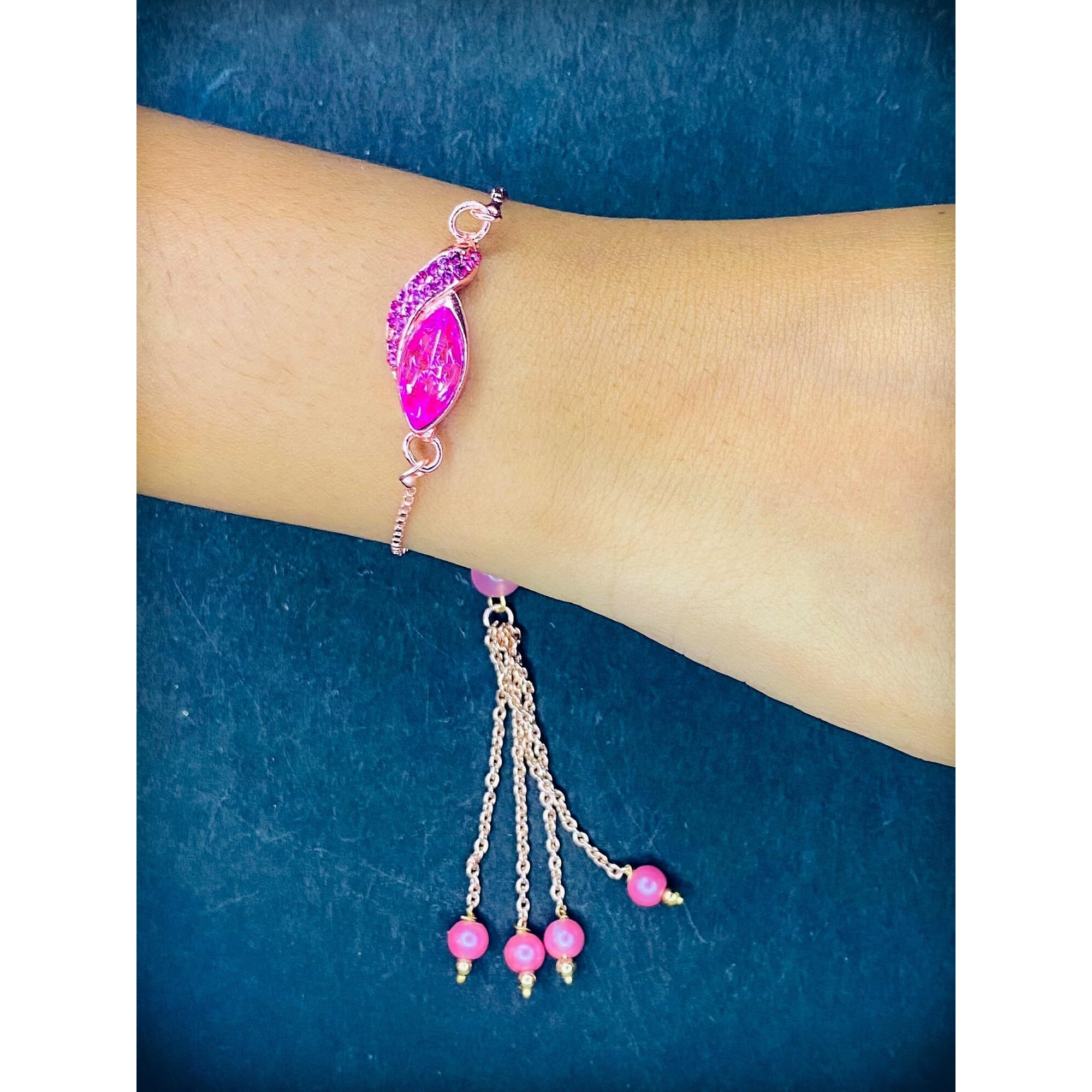 Mahi Rose Gold Plated Pink Crystals Studded Simple And Classic Lumba Rakhi For Bhabhi (Ral1100805Zpin)