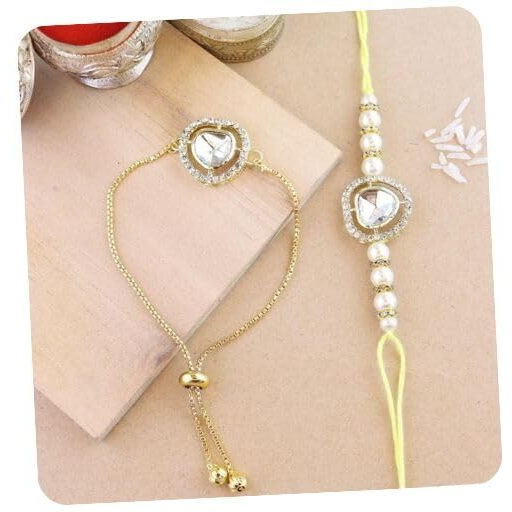 I Jewels Mens Kundan & Pearl Bhaiya Bhabhi Lumba Rakhi Set With Adjustable Pull Chain With Roli Chawal And Rakshabandhan Card (R123W-Co)