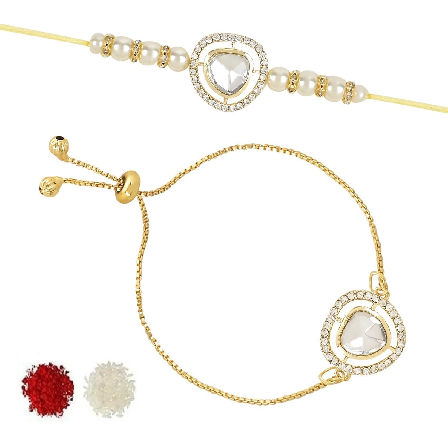 I Jewels Mens Kundan & Pearl Bhaiya Bhabhi Lumba Rakhi Set With Adjustable Pull Chain With Roli Chawal And Rakshabandhan Card (R123W-Co)
