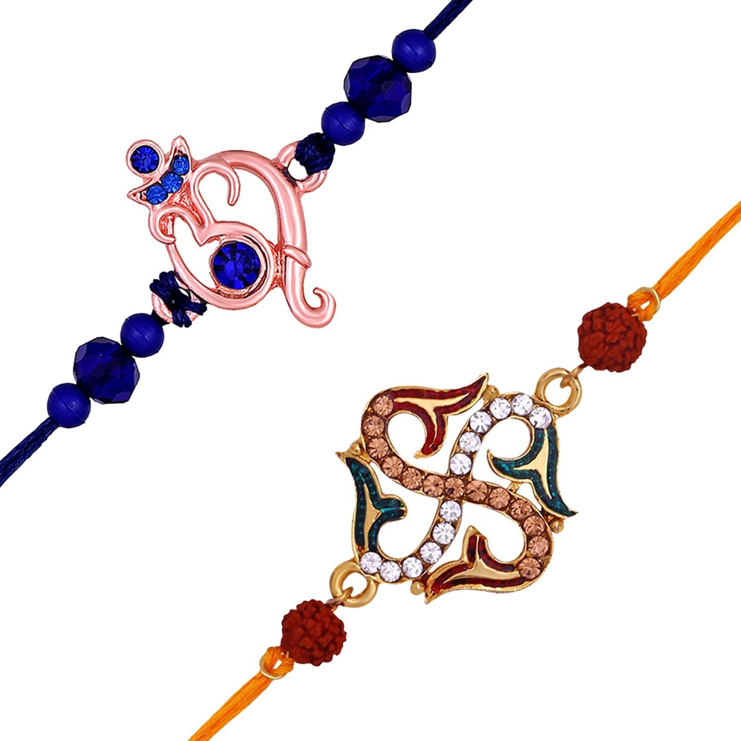 Mahi Combo Of Ganesha And Swastik Rakhis With Meenakari Work Crystals And Rudraksha For Bhaiya (Rco1105533M)
