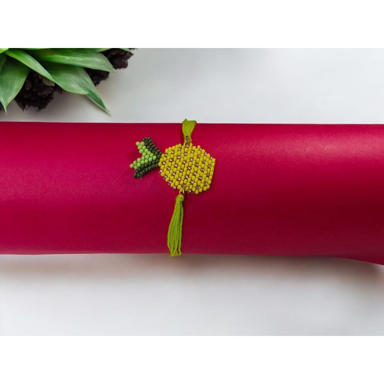 Priaansha Creations Handmade Bead Rakhi For Brother With Rakshabandhan Greeting Card & Roli Chawal | Metal & Nickle Free | (Pack Of 1) - Yellow Color