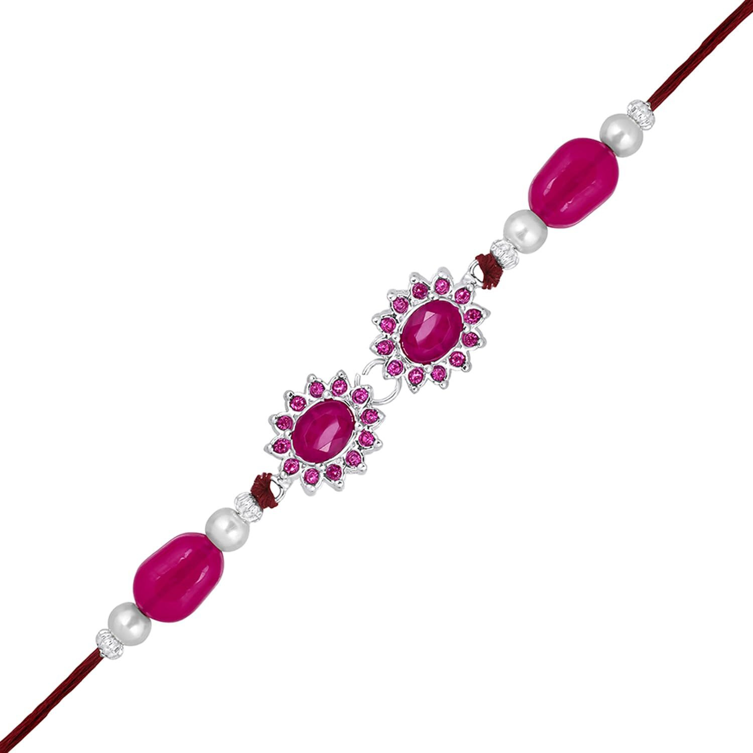 Mahi Gold Plated Pink Crystals Floral Rakhi For Bhaiya, Brother, Bhai, Bro (Ra1100788Rpin)
