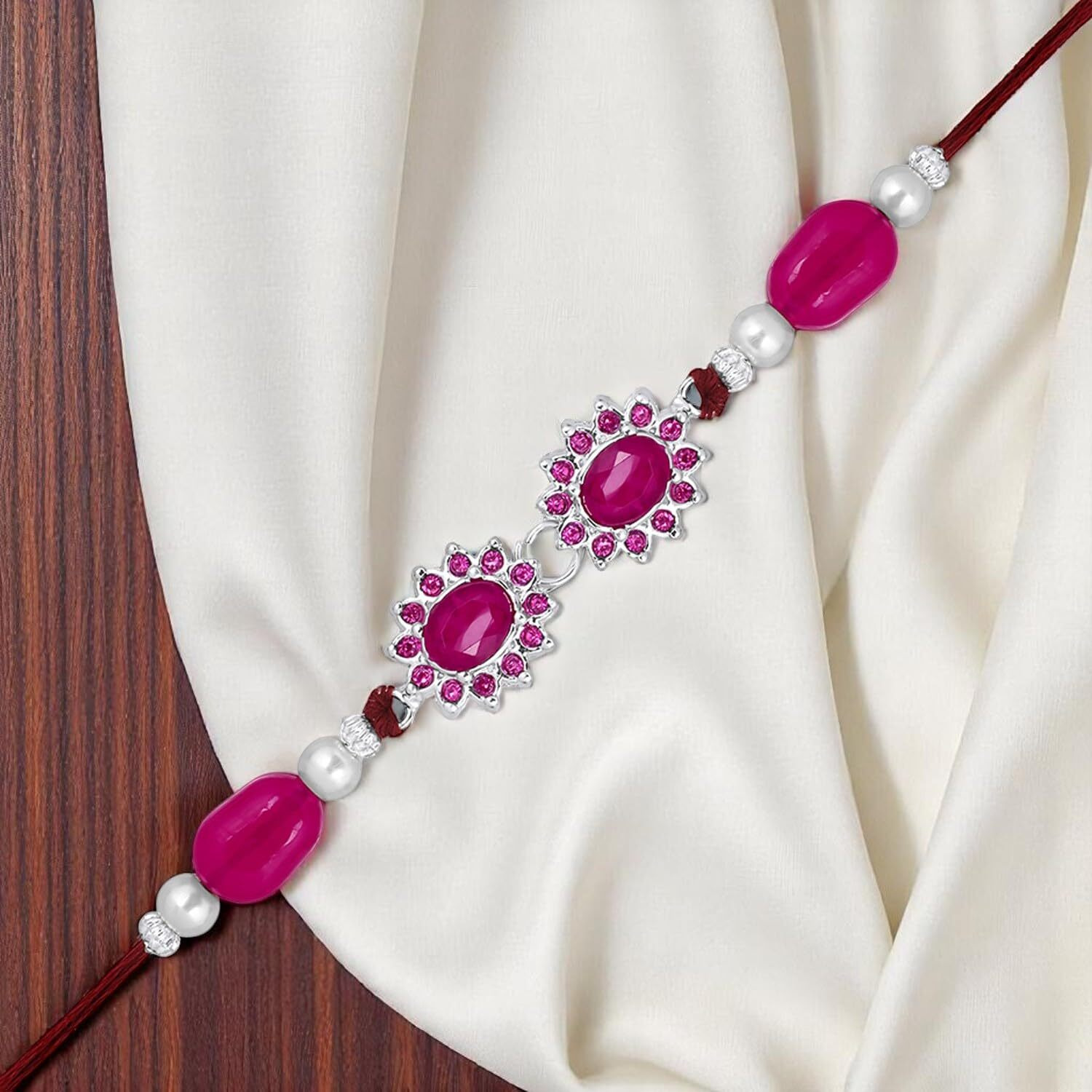 Mahi Gold Plated Pink Crystals Floral Rakhi For Bhaiya, Brother, Bhai, Bro (Ra1100788Rpin)