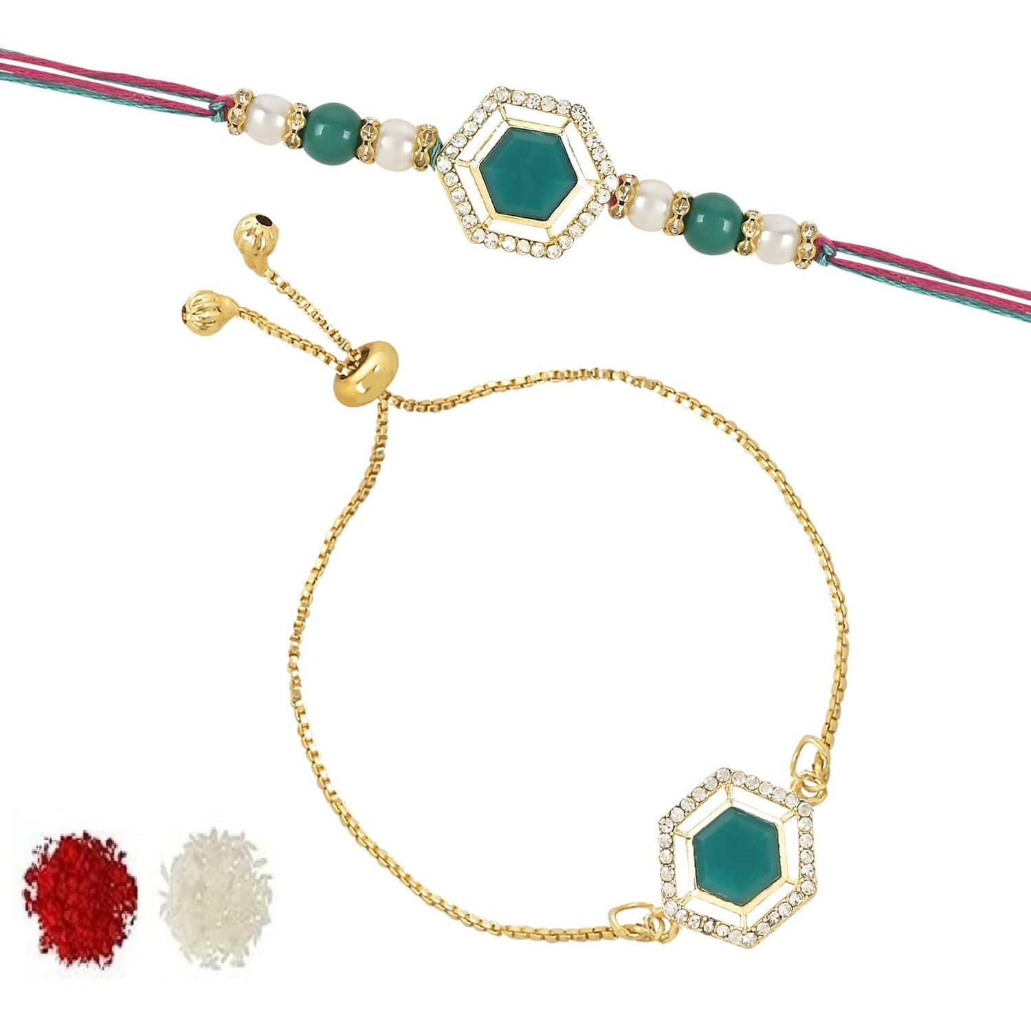 I Jewels Mens Kundan & Pearl Bhaiya Bhabhi Lumba Rakhi Combo Set With Roli Chawal And Rakshabandhan Card (R113G-Co)