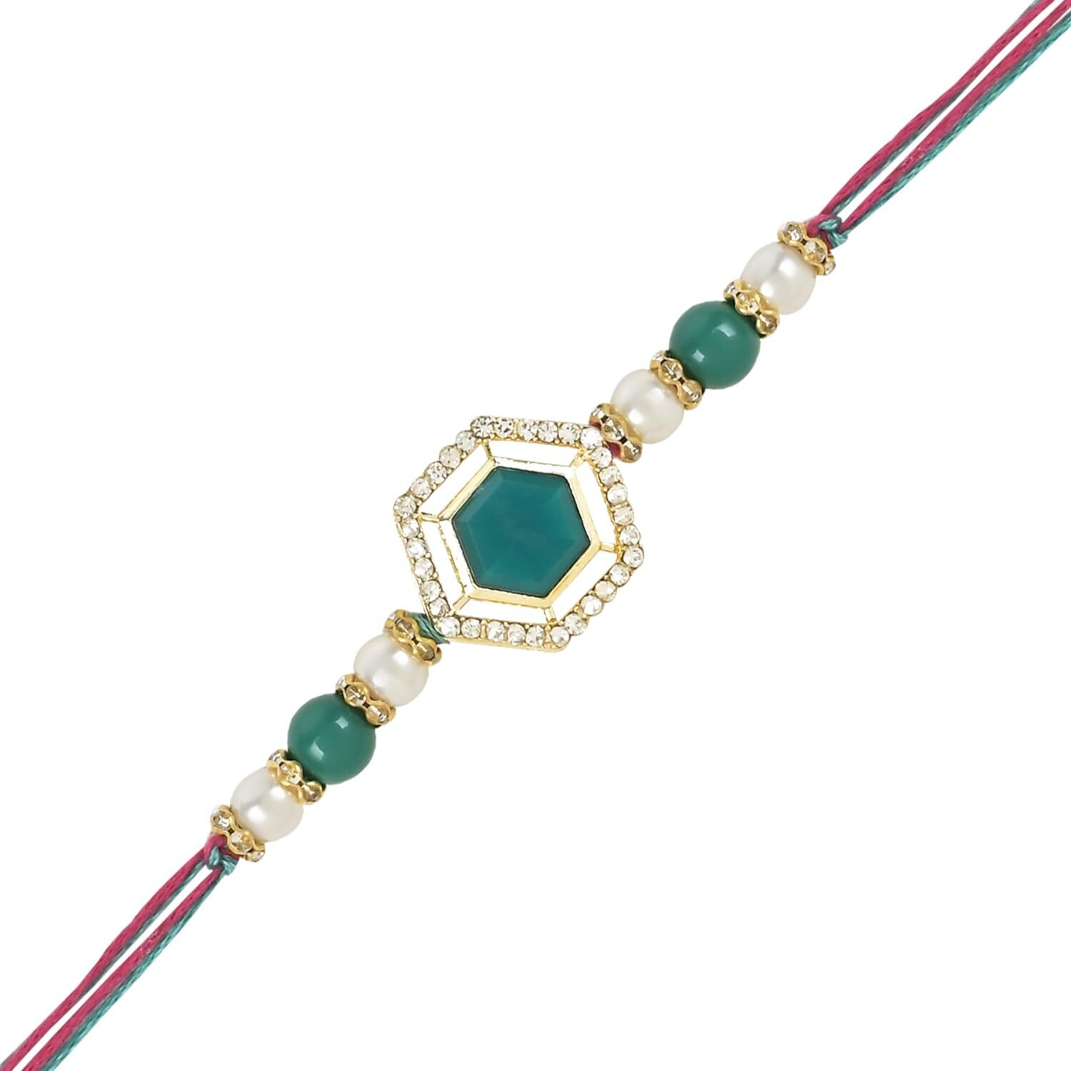 I Jewels Mens Kundan & Pearl Bhaiya Bhabhi Lumba Rakhi Combo Set With Roli Chawal And Rakshabandhan Card (R113G-Co)