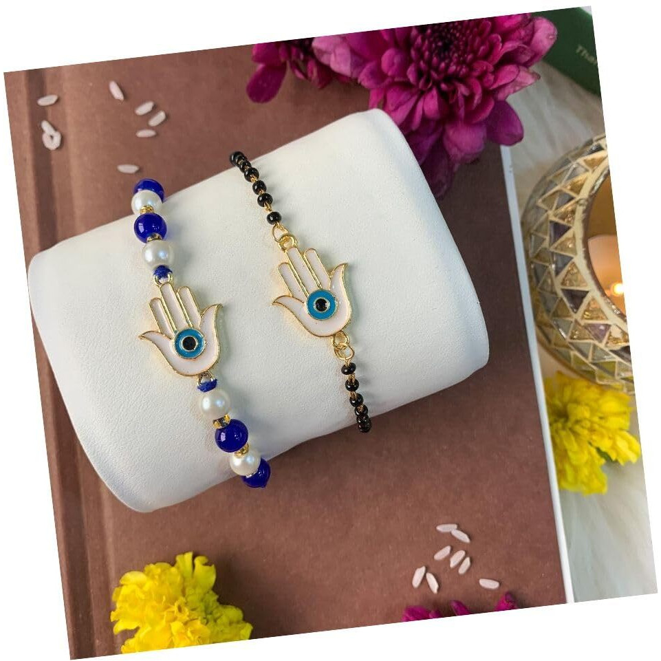I Jewels Unisex-Adult Rakshabandhan Hamsa Shape Enamel Evil Eye Bhaiya Bhabhi Lumba Rakhi Combo Set With Roli Chawal (R126-Co)