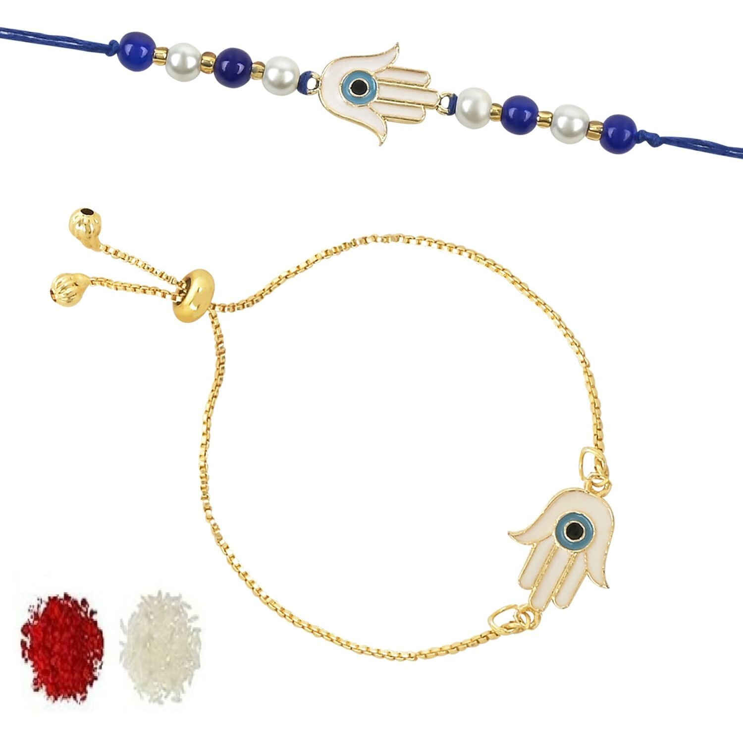 I Jewels Unisex-Adult Rakshabandhan Hamsa Shape Enamel Evil Eye Bhaiya Bhabhi Lumba Rakhi Combo Set With Roli Chawal (R126-Co)