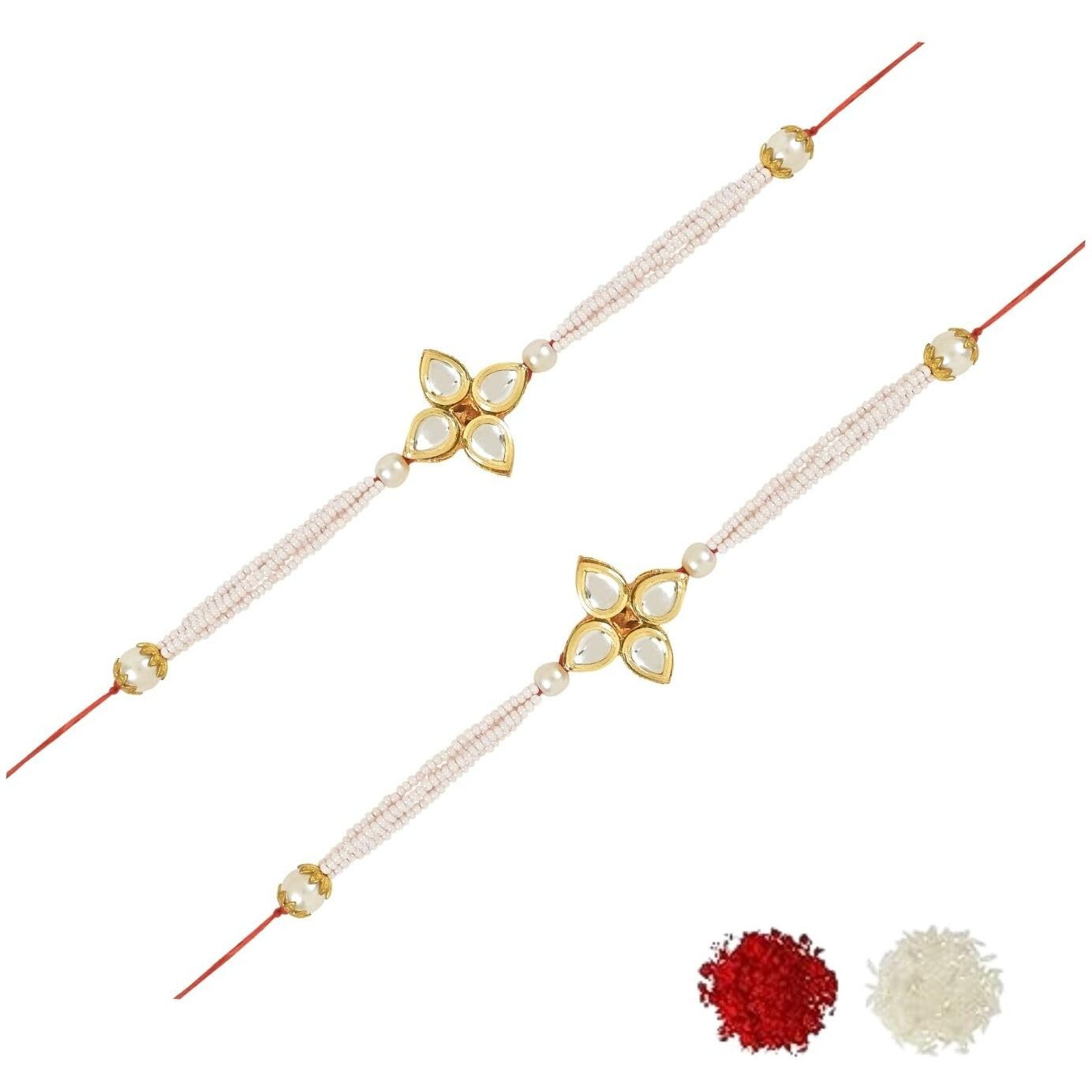 I Jewels Rakshabandhan Designer Handcrafted Pearl & Kundan Bhaiya Rakhi With Roli Chawal For Brother/Bro/Men (R120W-2) (Pack Of 2)