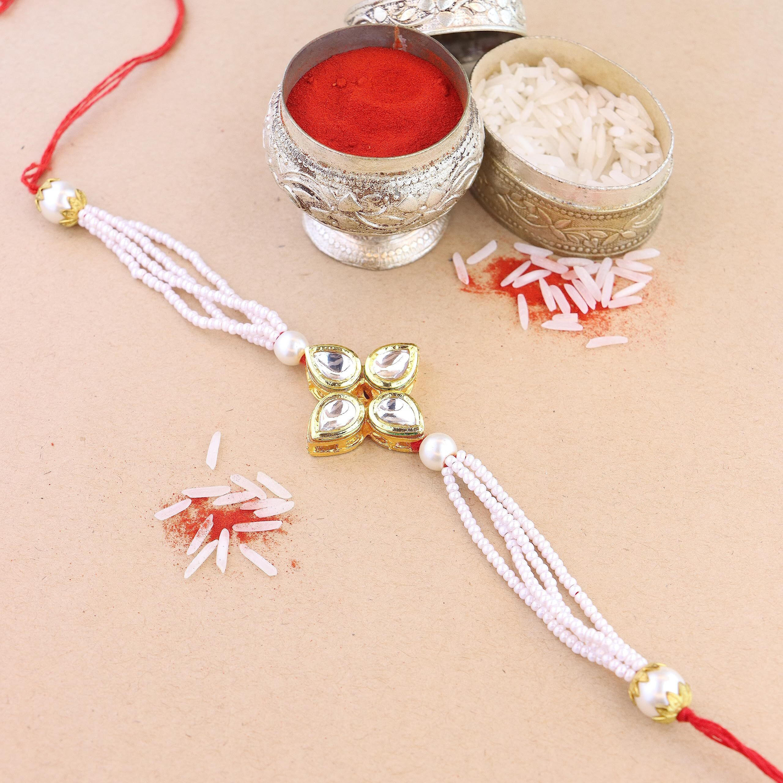 I Jewels Rakshabandhan Designer Handcrafted Pearl & Kundan Bhaiya Rakhi With Roli Chawal For Brother/Bro/Men (R120W-2) (Pack Of 2)