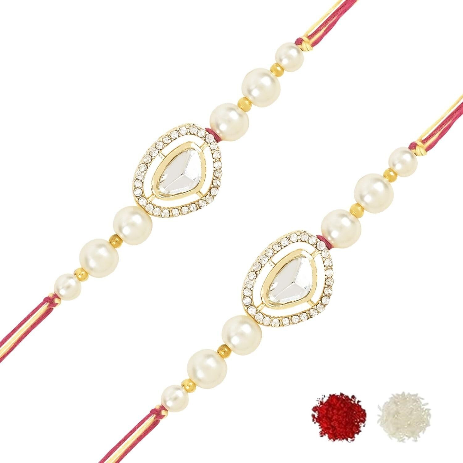 I Jewels Pearl & Kundan Designer Bhaiya Rakhi With Roli Chawal For Brother/Bro/Men With Rakshabandhan Card (R107W-2) (Pack Of 2)
