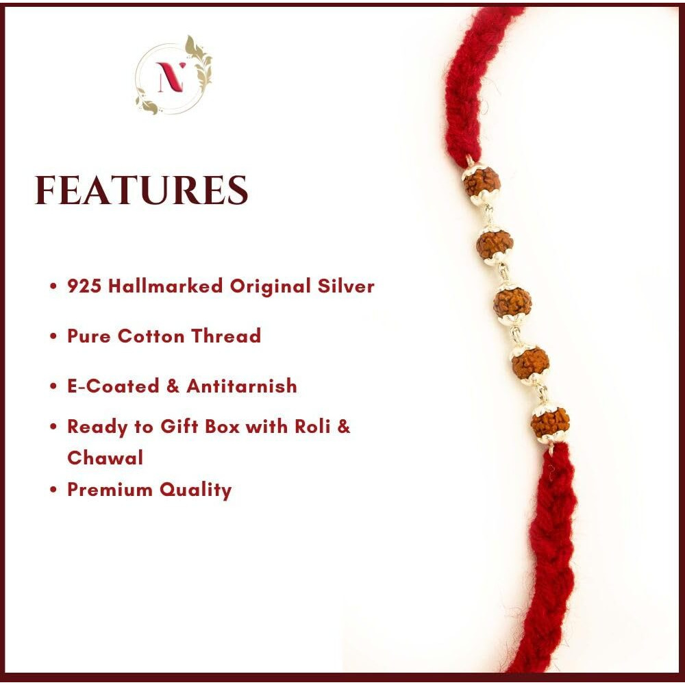 Njels Silver Rakhi Bracelet For Brother | 5 Mukhi Silver Rudraksha Bracelet For Men And Boys | Silver Rakhi For Brother With Pure Cotton Thread | 5 Rudraksha Beads Rakhi