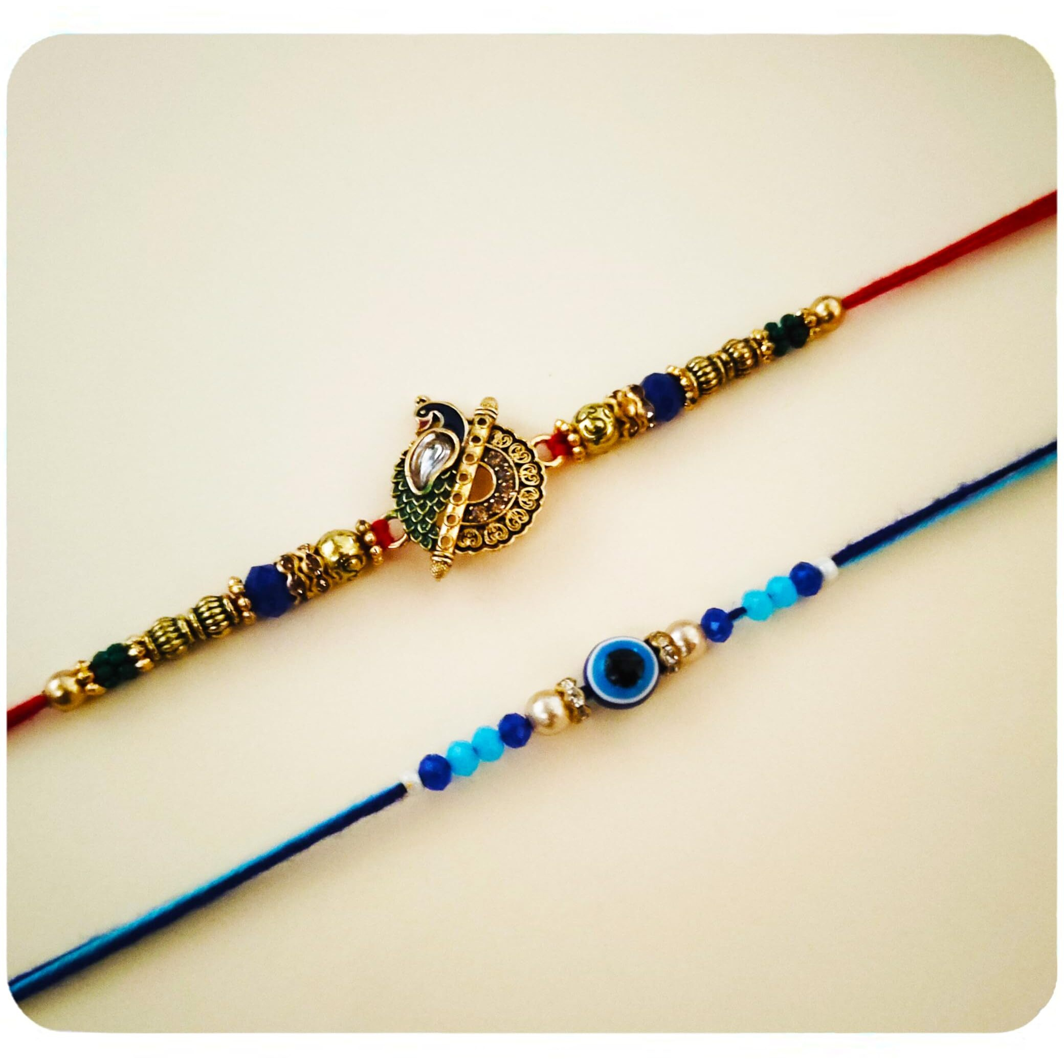 Raksha Bandhan Rakhi Set Of 2 For Brother Bhabhi Kids - Peacock Colorful Beads Rakhi Combo