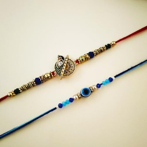 Raksha Bandhan Rakhi Set Of 2 For Brother Bhabhi Kids - Peacock Colorful Beads Rakhi Combo