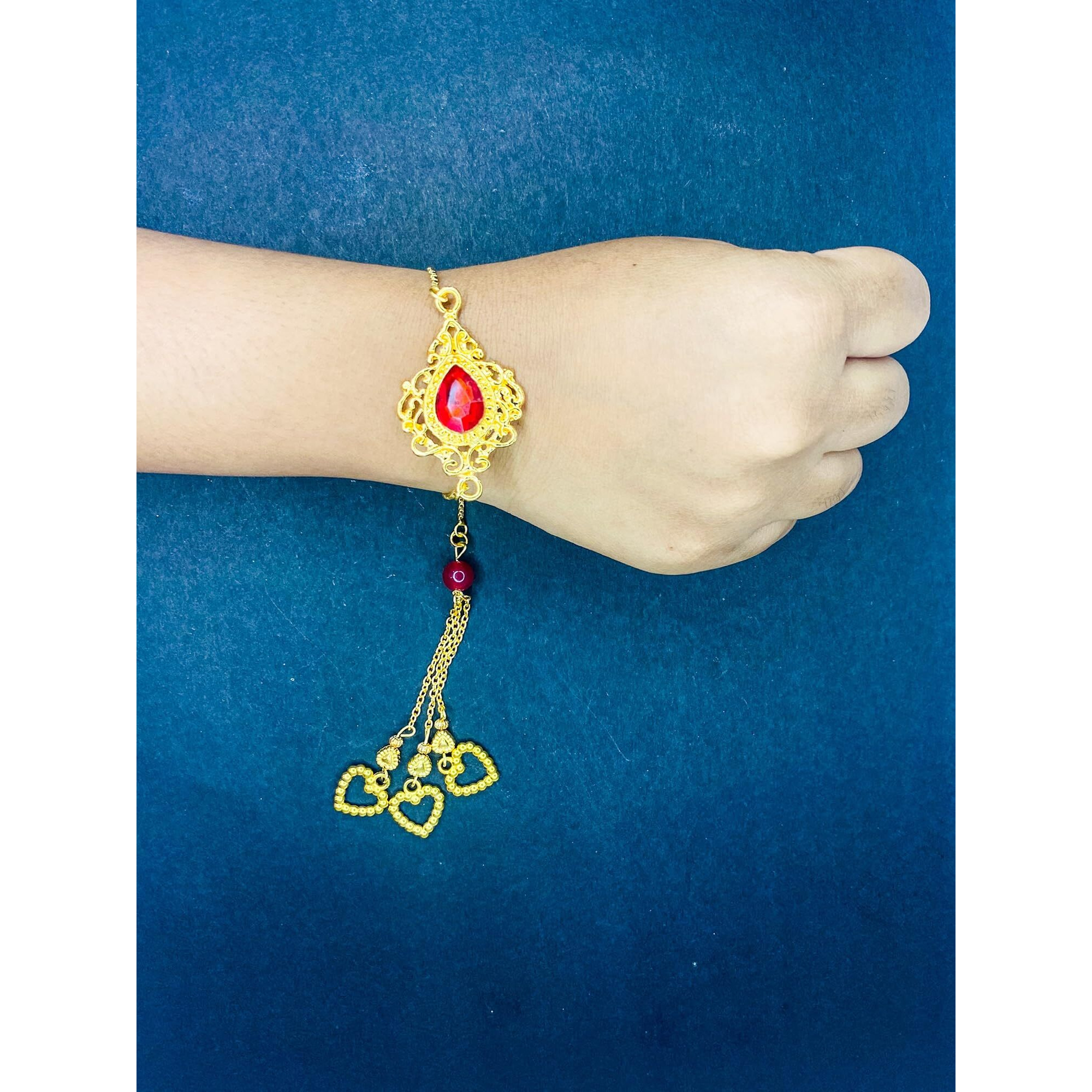 Mahi Gold Plated Red Crystals Studded Simple And Classic Lumba Rakhi For Bhabhi (Ral1100803G)