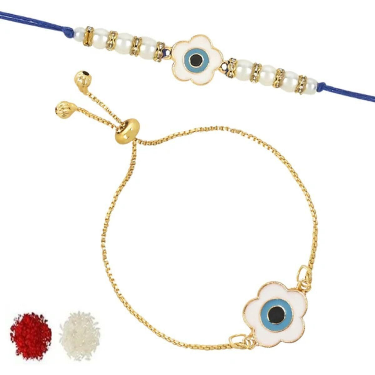I Jewels Unisex-Adult Rakshabandhan Enamel Floral Shape Evil Eye Bhaiya Bhabhi Lumba Rakhi Combo Set With Roli Chawal (R125-Co)