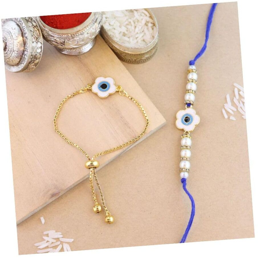 I Jewels Unisex-Adult Rakshabandhan Enamel Floral Shape Evil Eye Bhaiya Bhabhi Lumba Rakhi Combo Set With Roli Chawal (R125-Co)