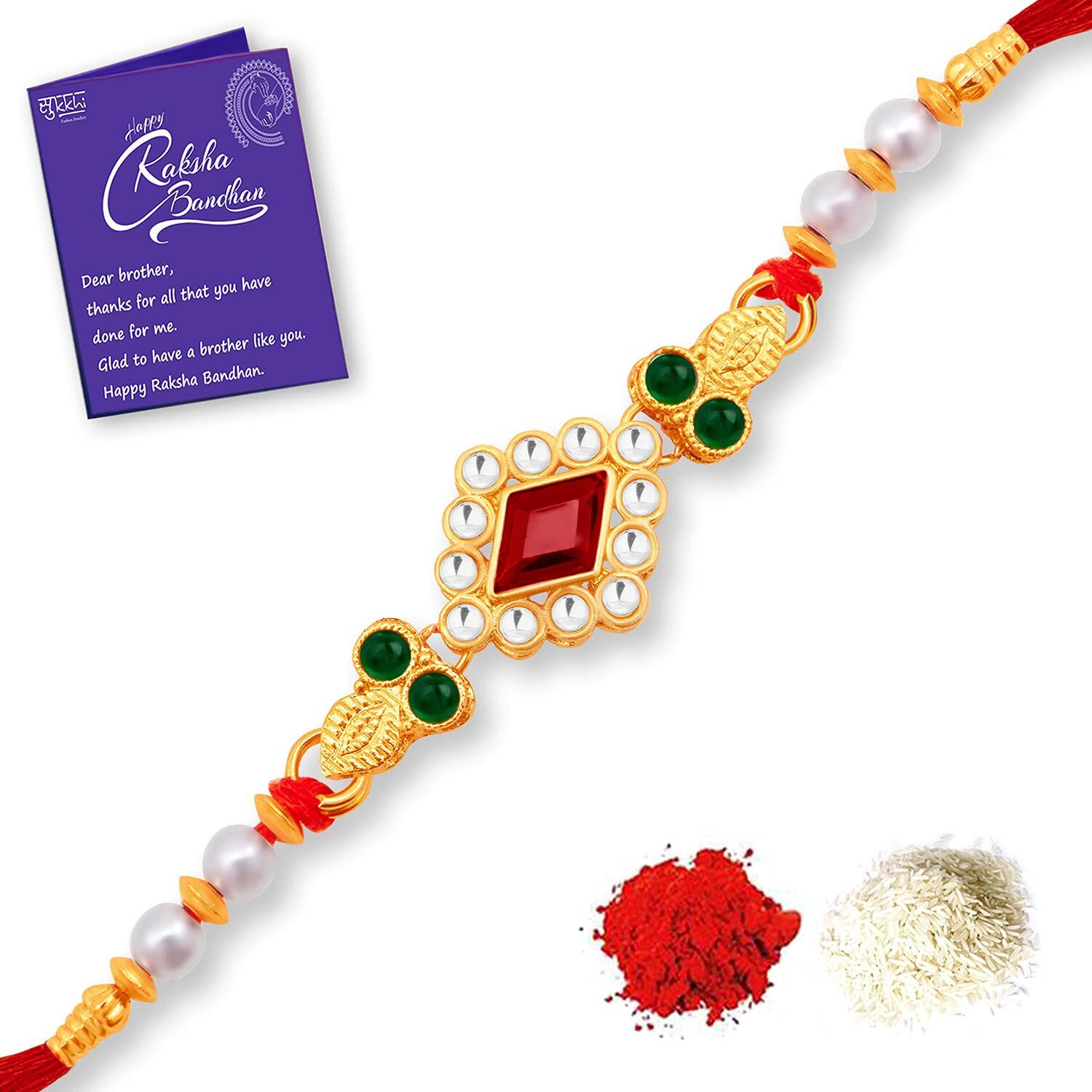 Sukkhi Rakhi Wondrous Kundan Designer Gold Plated Premium Rakhi For Brother With Roli Chawal & Greeting Card | Rakhi For Bhaiya | Rakhi For Men | Kundan Rakhi | (Rak100009)