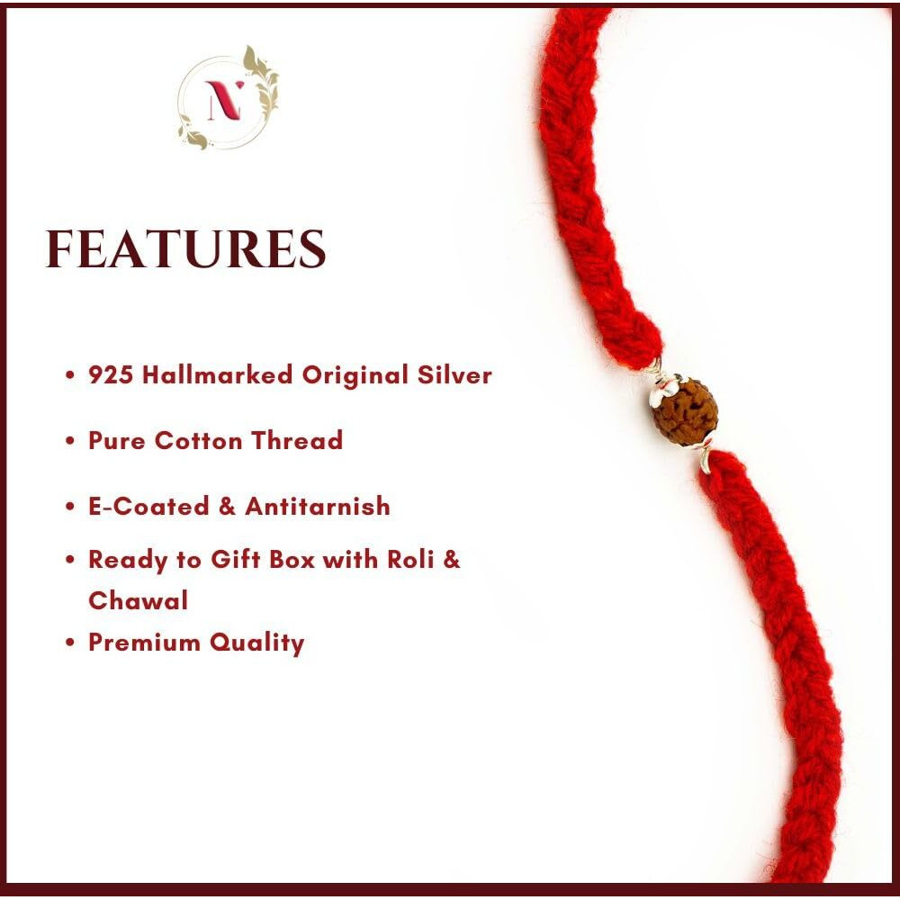 Njels Silver Rakhi Bracelet For Brother | 5 Mukhi Rudraksha Bracelet For Men And Boys | Silver Rakhi For Brother With Pure Cotton Thread | 1 Rudraksha Beads Rakhi