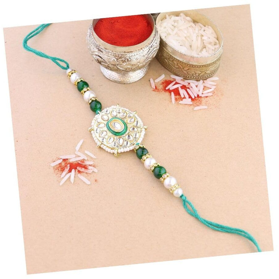 I Jewels Pearl & Kundan Designer Bhaiya Rakhi With Roli Chawal For Brother/Bro/Men With Rakshabandhan Card (R105G)