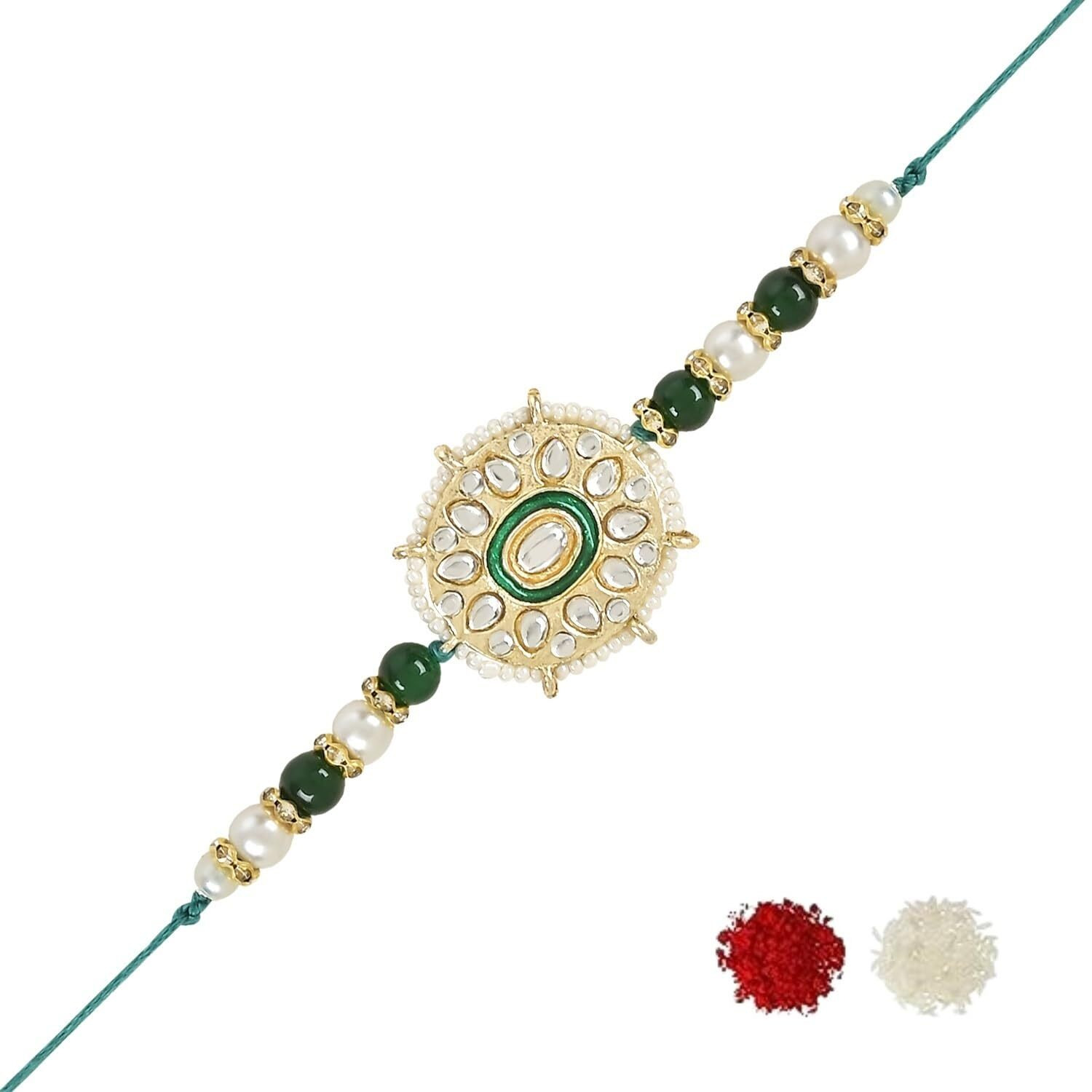 I Jewels Pearl & Kundan Designer Bhaiya Rakhi With Roli Chawal For Brother/Bro/Men With Rakshabandhan Card (R105G)