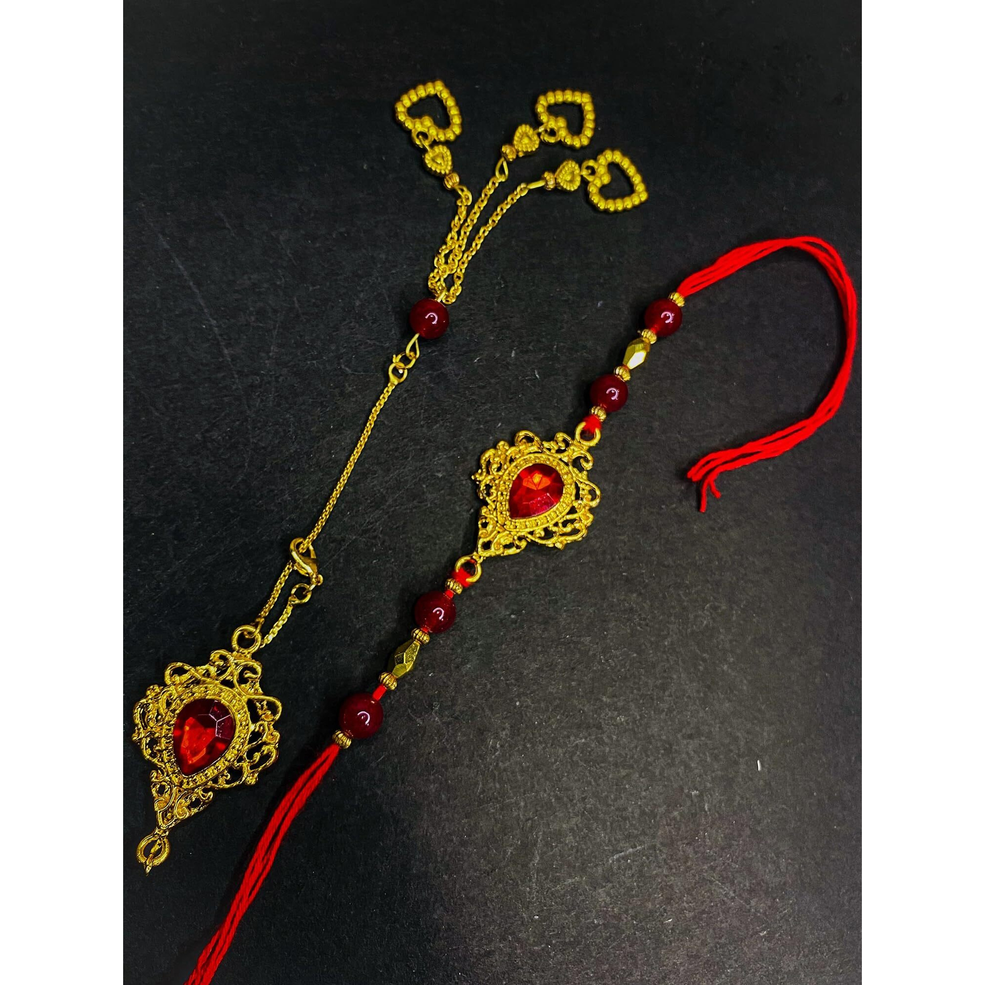 Mahi Red Crystals Studded Simple And Classic Lumba With And Brother Rakhi Set For Bhaiya And Bhabhi (Rcol1105684G)