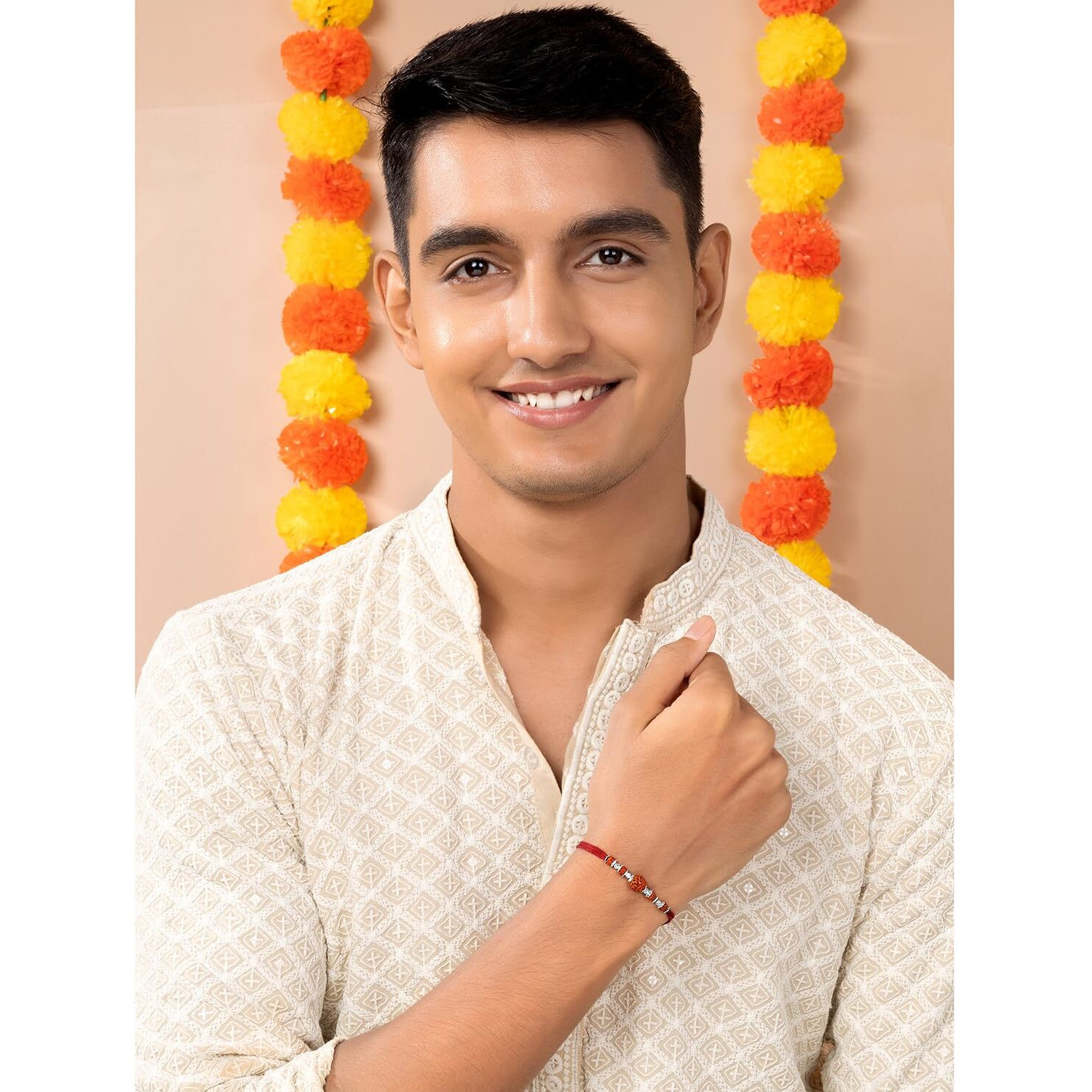 Peora 925 Sterling Silver Rudraksh Rakhi For Brother Bhaiya | Red Thread | Raksha Bandhan Hamper With Roli Chawal Greeting Card