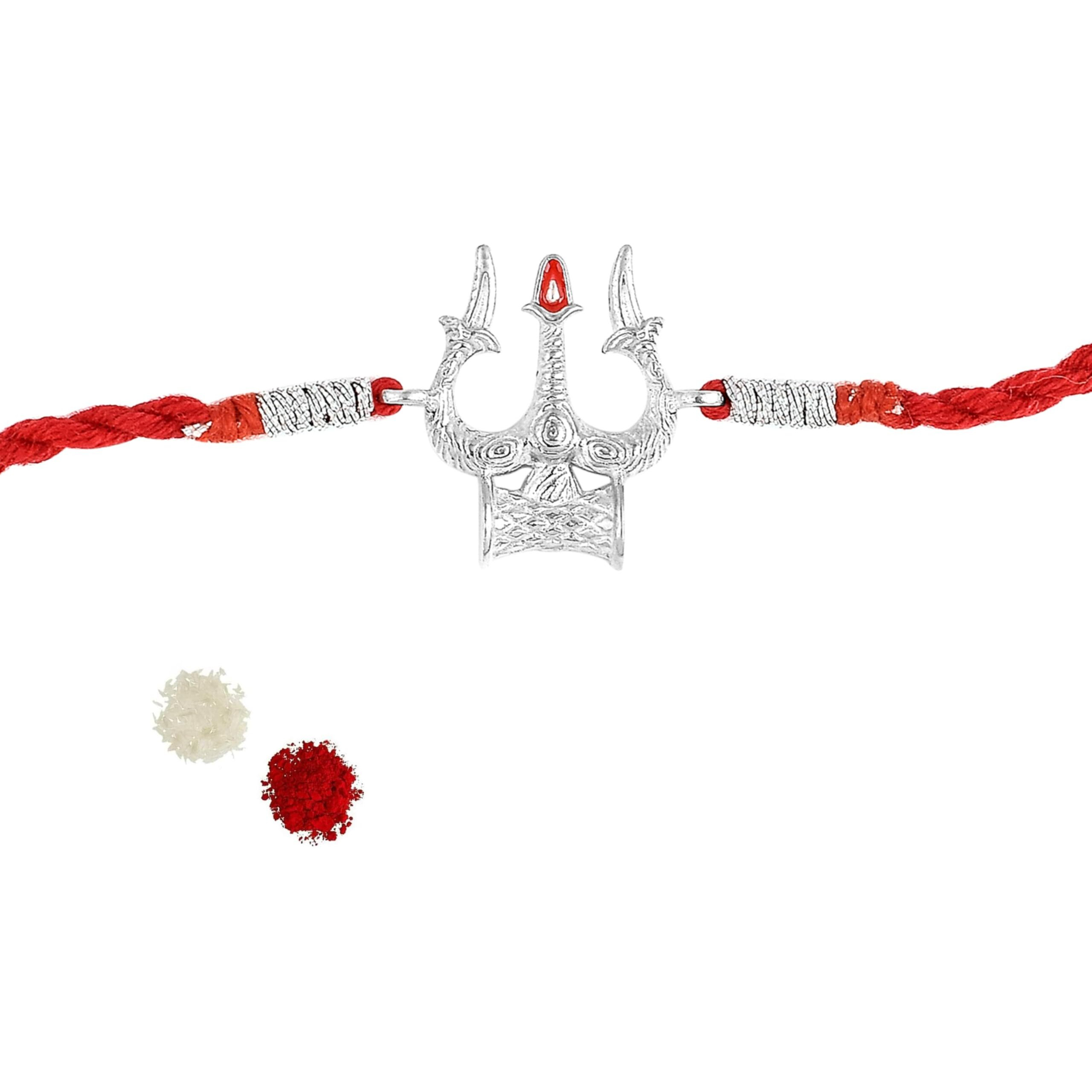 Roovi Real 925 Silver Trishul Shiva Rakhi Set For Brother With Roli Chawal I 925 Hallmark & Certificate Of Authenticity | Rakshabandhan Rakhi Gift For Boys I