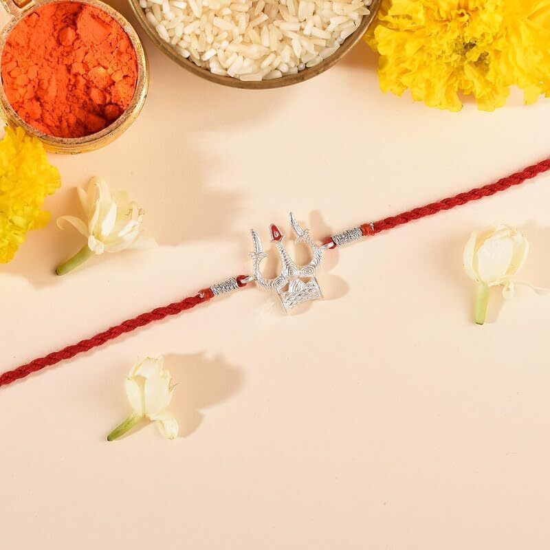 Roovi Real 925 Silver Trishul Shiva Rakhi Set For Brother With Roli Chawal I 925 Hallmark & Certificate Of Authenticity | Rakshabandhan Rakhi Gift For Boys I