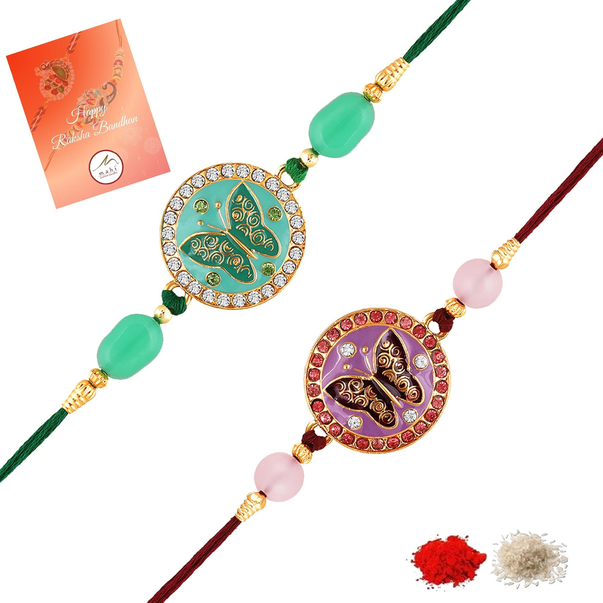 Mahi Combo Of 2 Round And Butterfly-Shaped Rakhi's With Meenakari Work And Shiny Crystals For Bhaiya, Brother, Bhai, Bro (Rco1105690G)