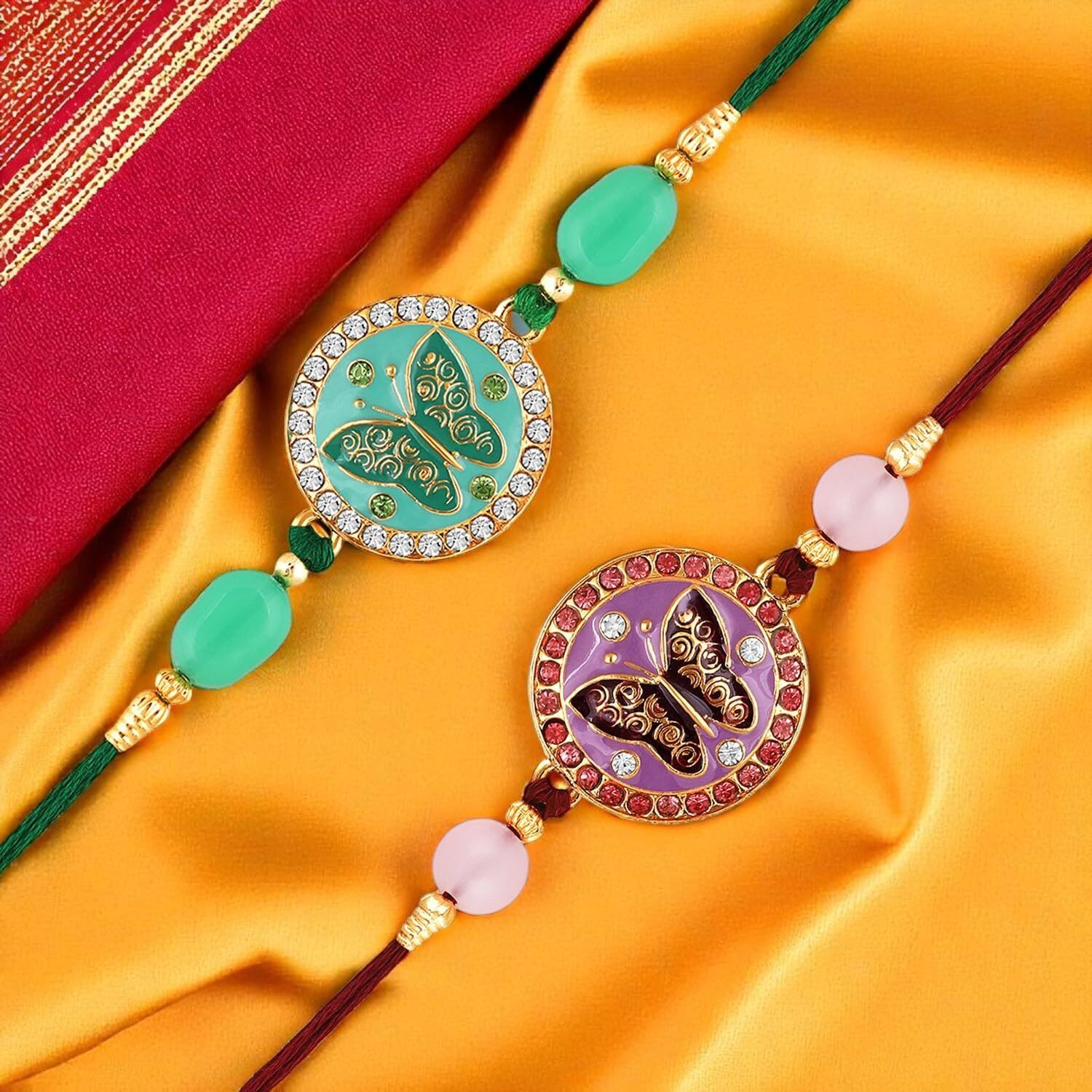 Mahi Combo Of 2 Round And Butterfly-Shaped Rakhi's With Meenakari Work And Shiny Crystals For Bhaiya, Brother, Bhai, Bro (Rco1105690G)