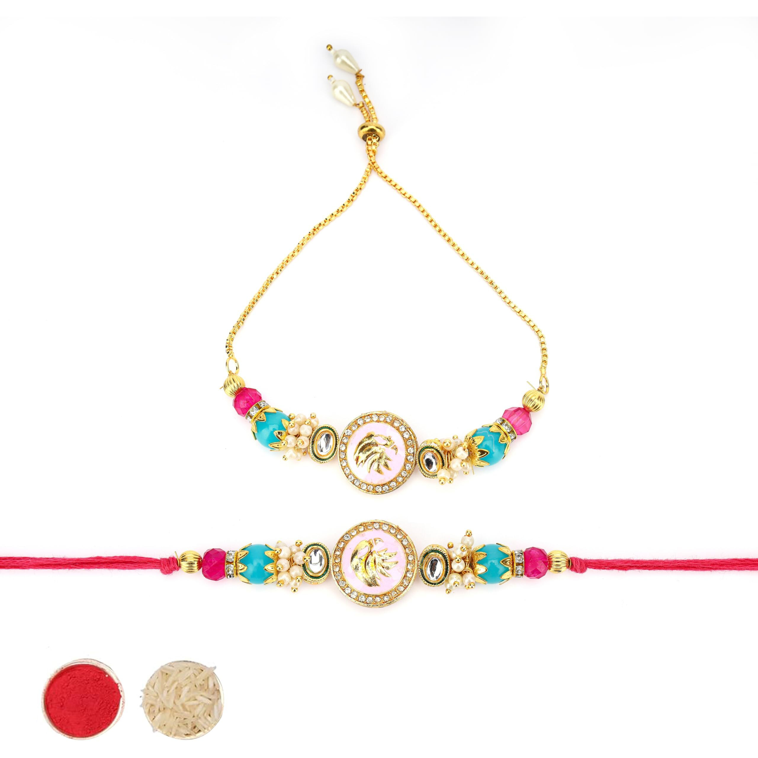 Palila Rakhi Set For Brother With Gold-Plated Bracelet | Brass Chain Traditional Indian Festival Gift | Rakhi For Bhaiya, Bhai (Design1)