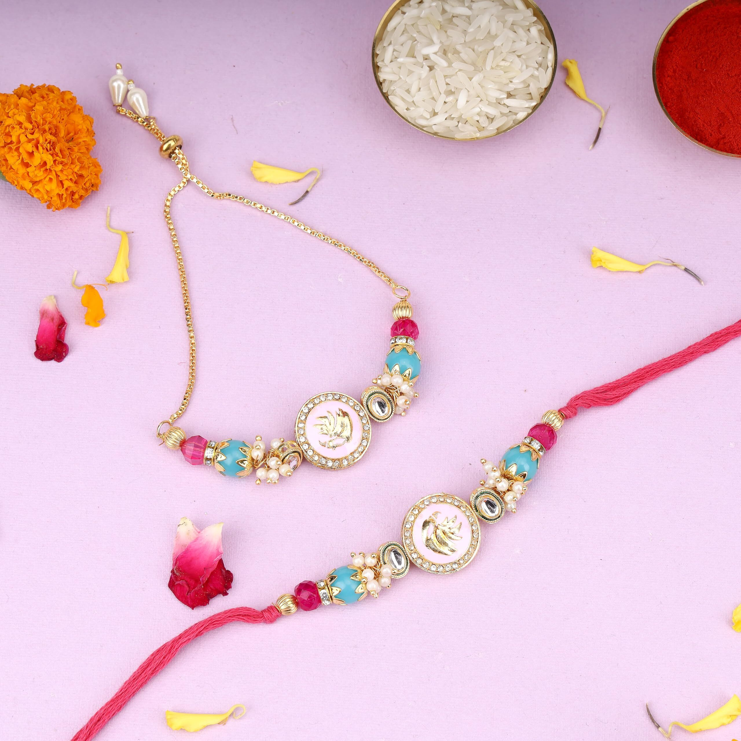Palila Rakhi Set For Brother With Gold-Plated Bracelet | Brass Chain Traditional Indian Festival Gift | Rakhi For Bhaiya, Bhai (Design1)
