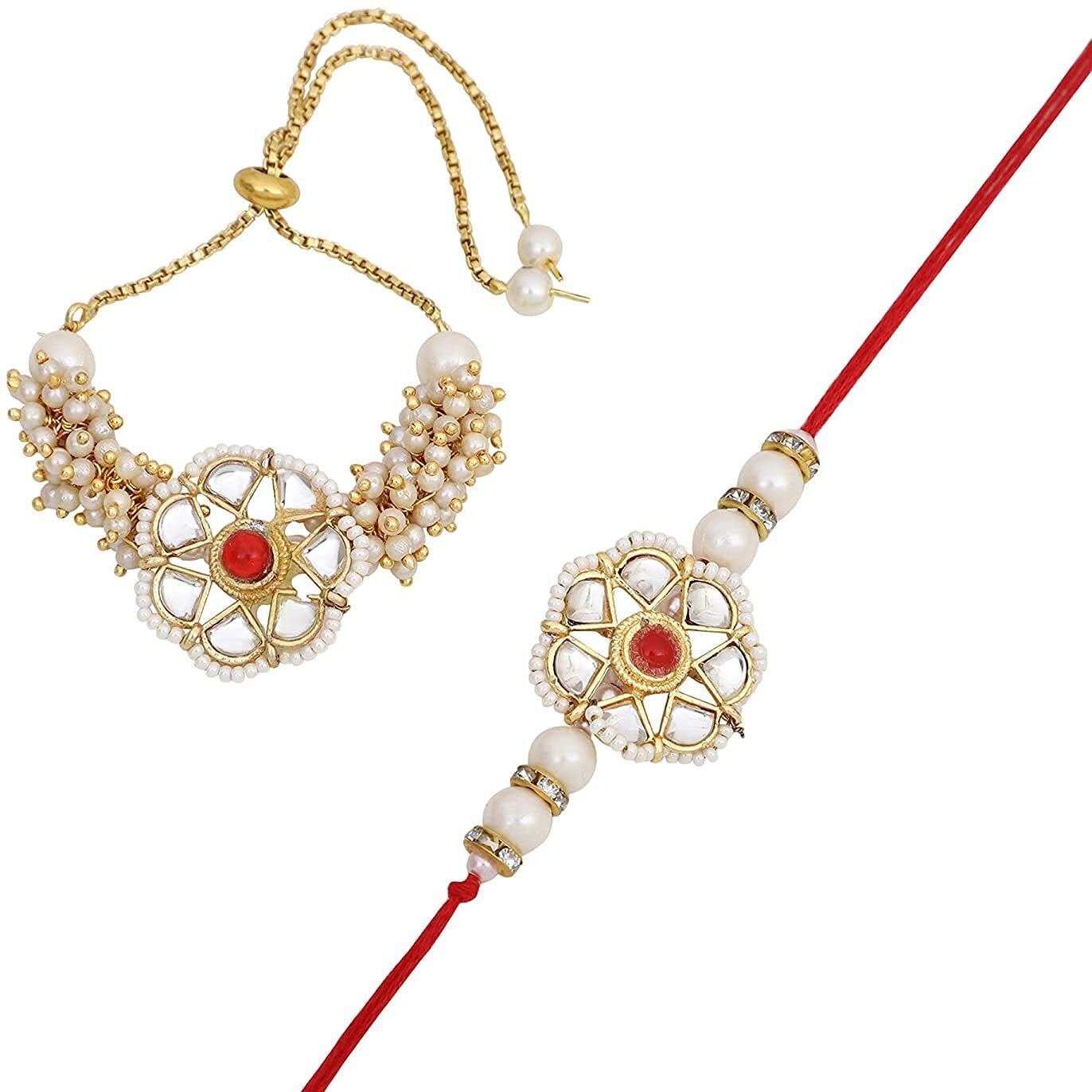I Jewels Mens Kundan & Pearl Bhaiya Bhabhi Lumba Rakhi Bracelet Combo Set With Roli Chawal & Rakshabandhan Card (R093W-Co)