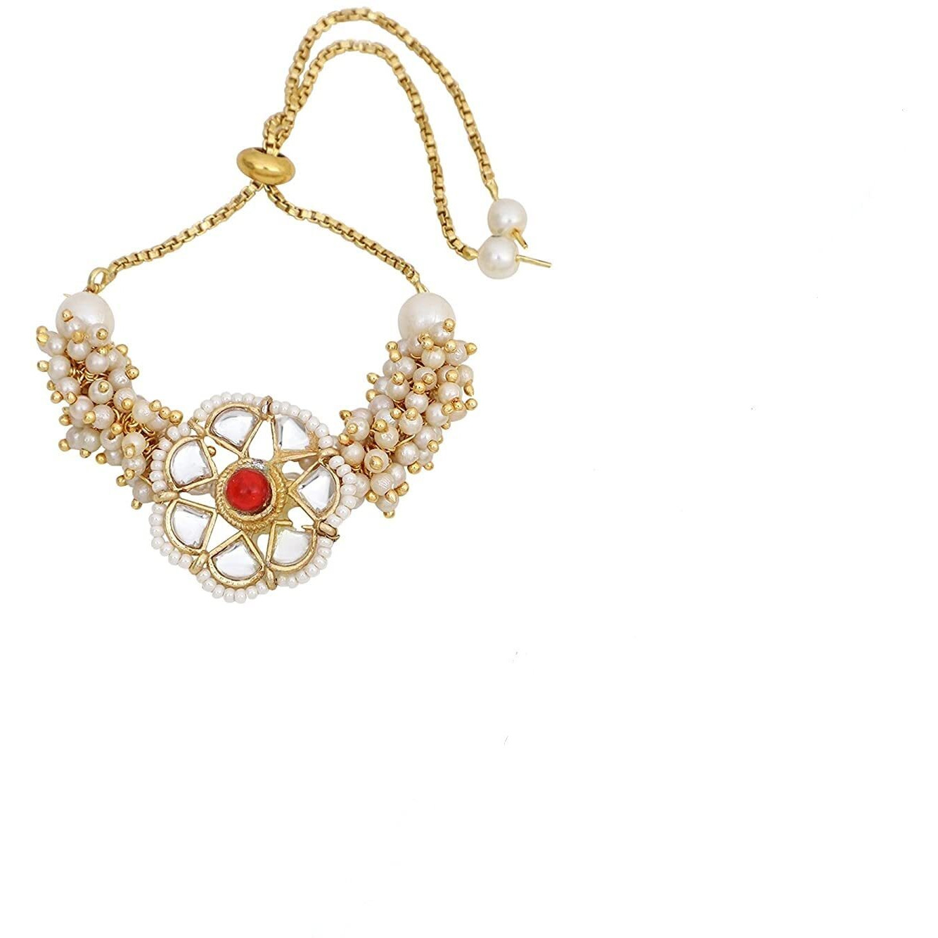 I Jewels Mens Kundan & Pearl Bhaiya Bhabhi Lumba Rakhi Bracelet Combo Set With Roli Chawal & Rakshabandhan Card (R093W-Co)